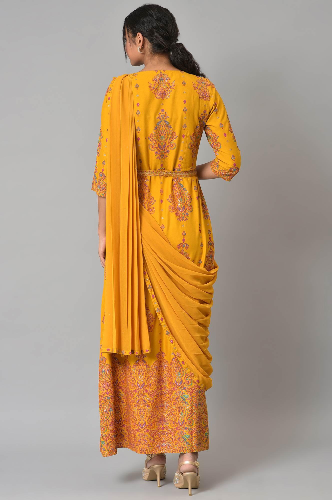 Mustard Printed And Embroiderd Insta Saree Dress - wforwoman