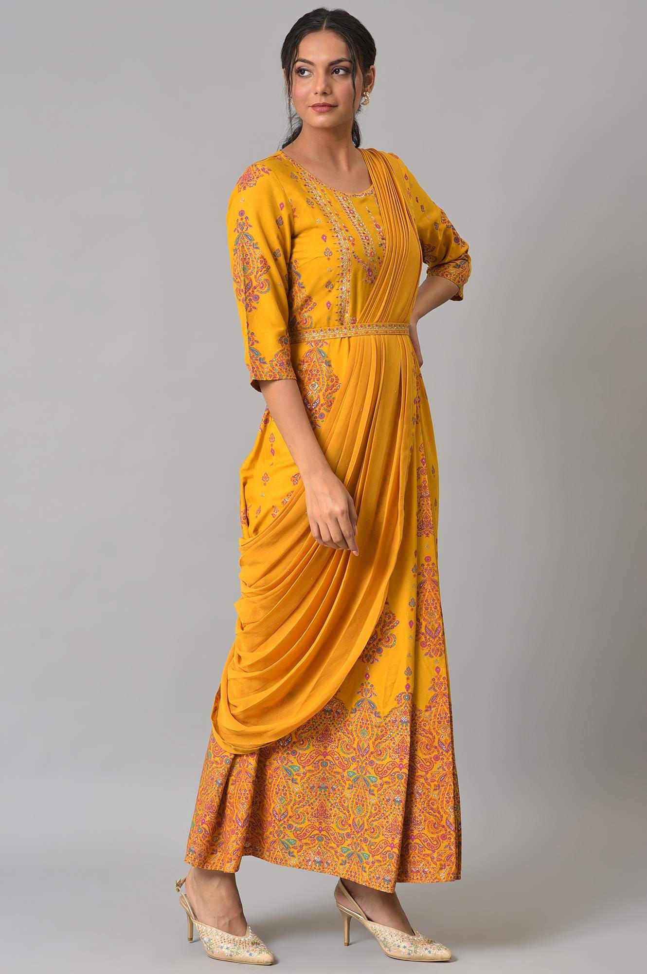 Mustard Printed And Embroiderd Insta Saree Dress - wforwoman