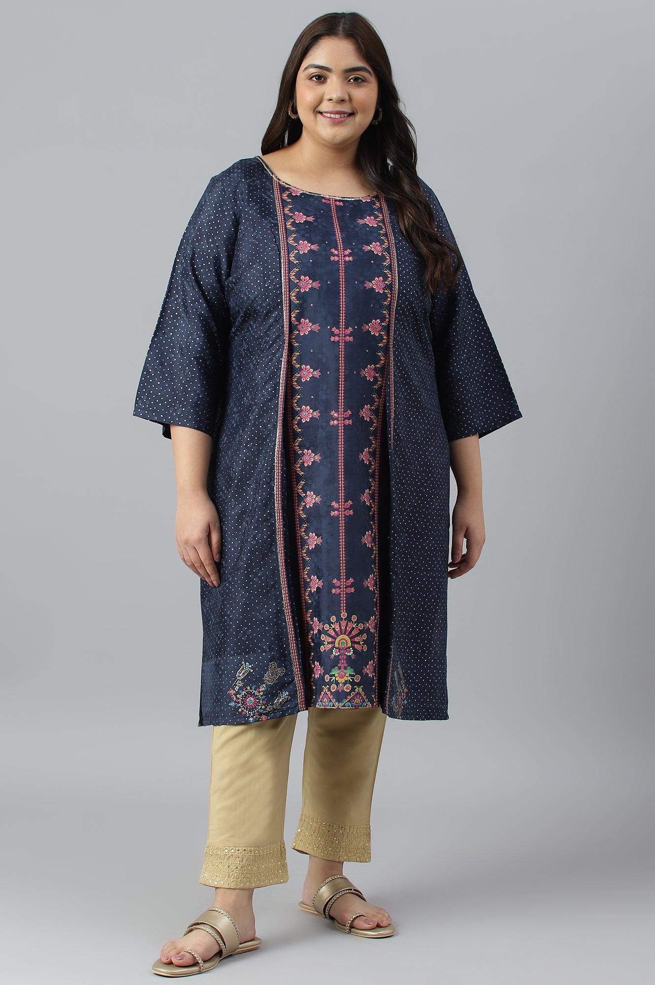 Plus Size Royal Blue Mock Layered Festive kurta - wforwoman