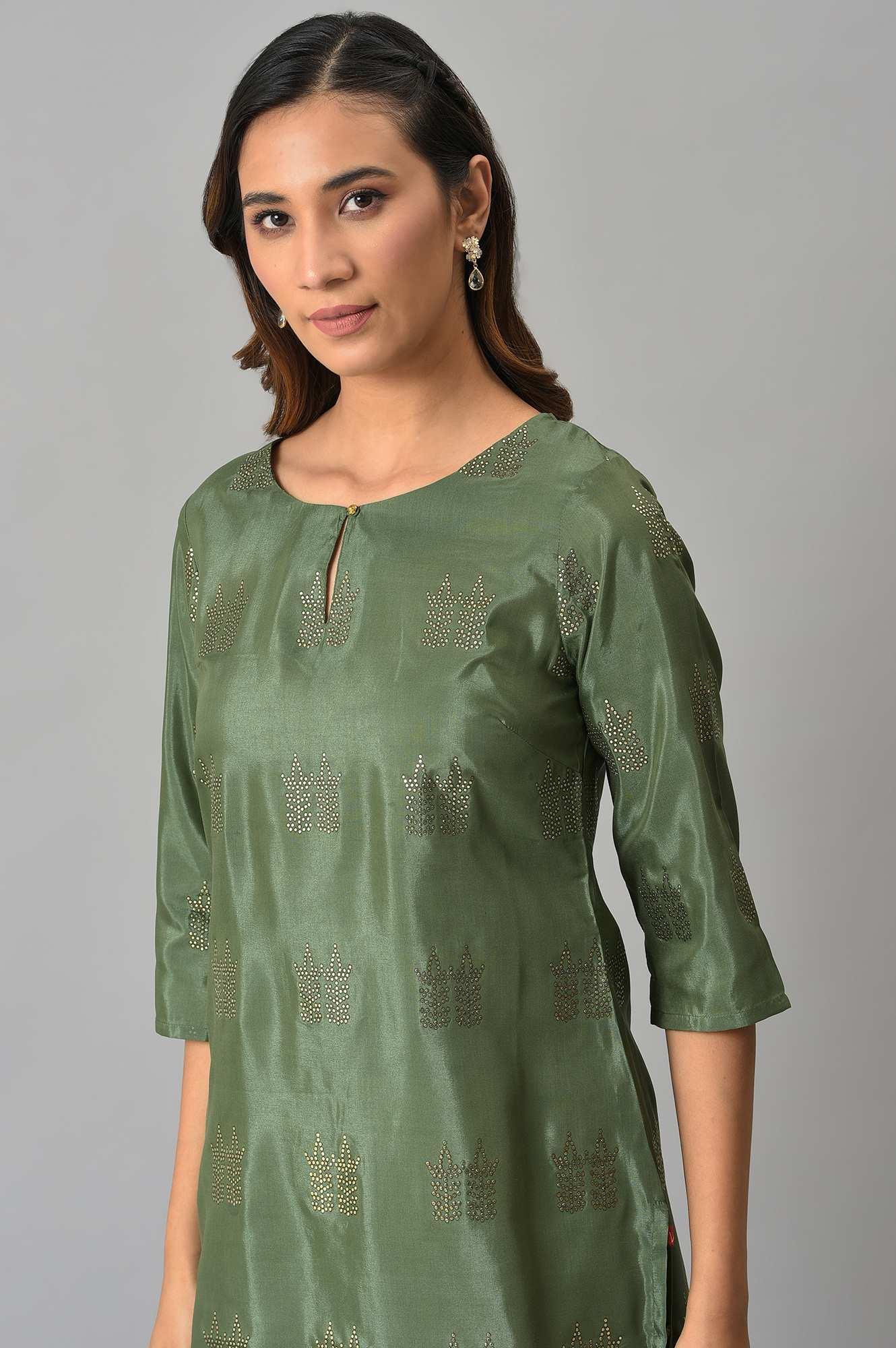 Green Shantung kurta With Mukaish Print - wforwoman