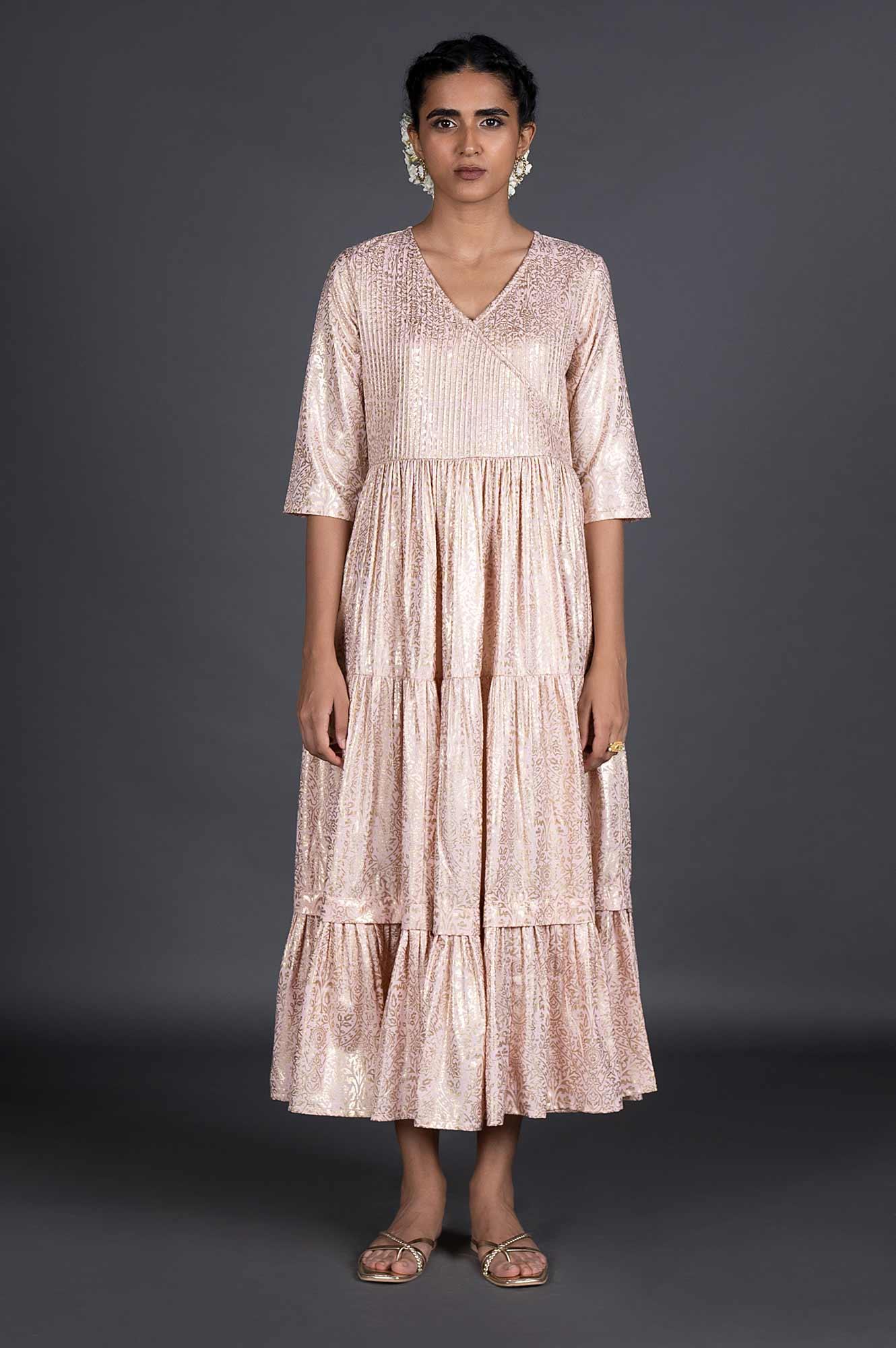 Buy Light Pink Gold Printed Festive Dress Online for Woman | WforWoman Buy Light Pink Gold Printed Festive Dress Online for Woman | WforWoman