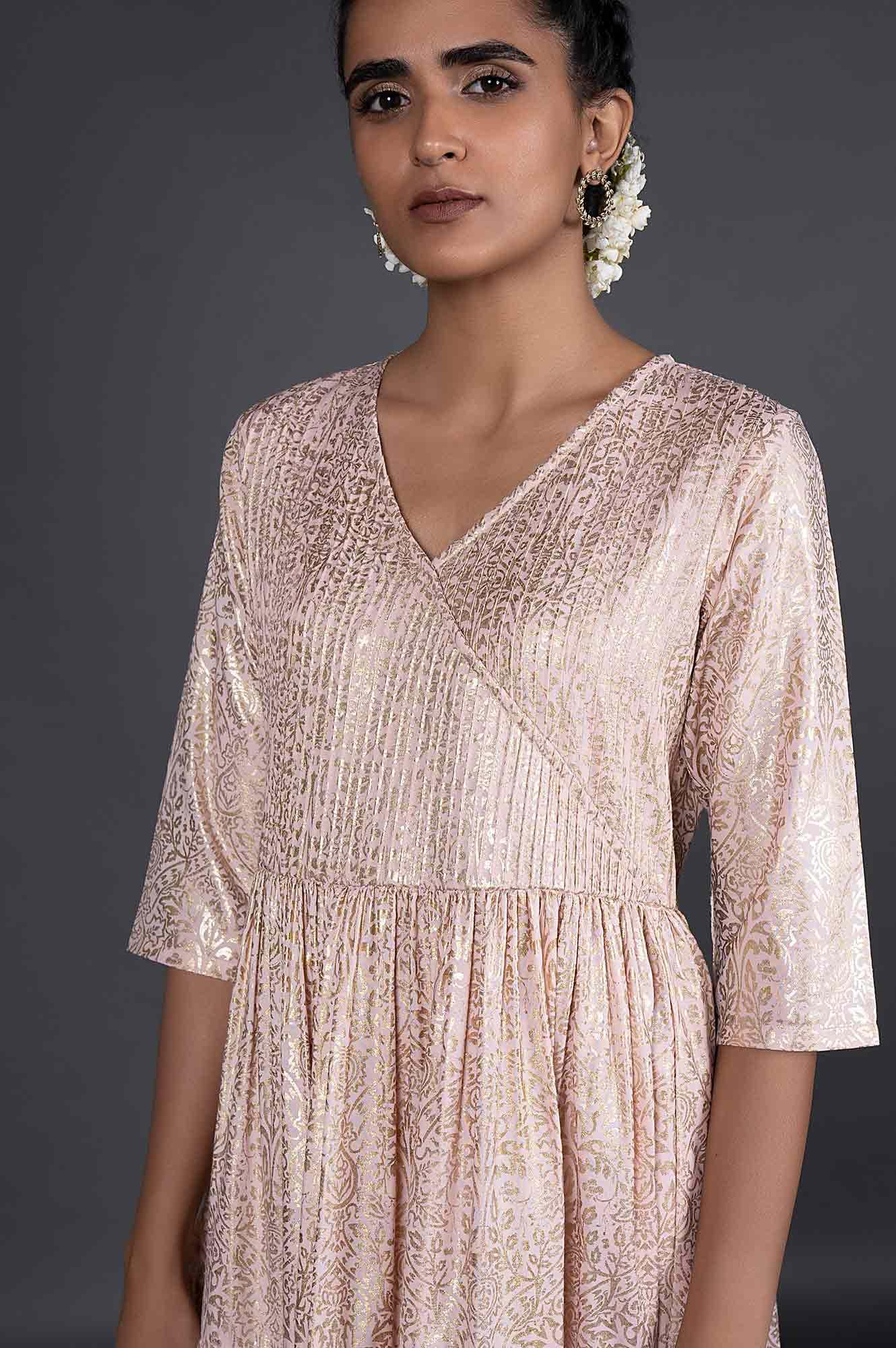 Light Pink Gold Printed Festive Dress - wforwoman