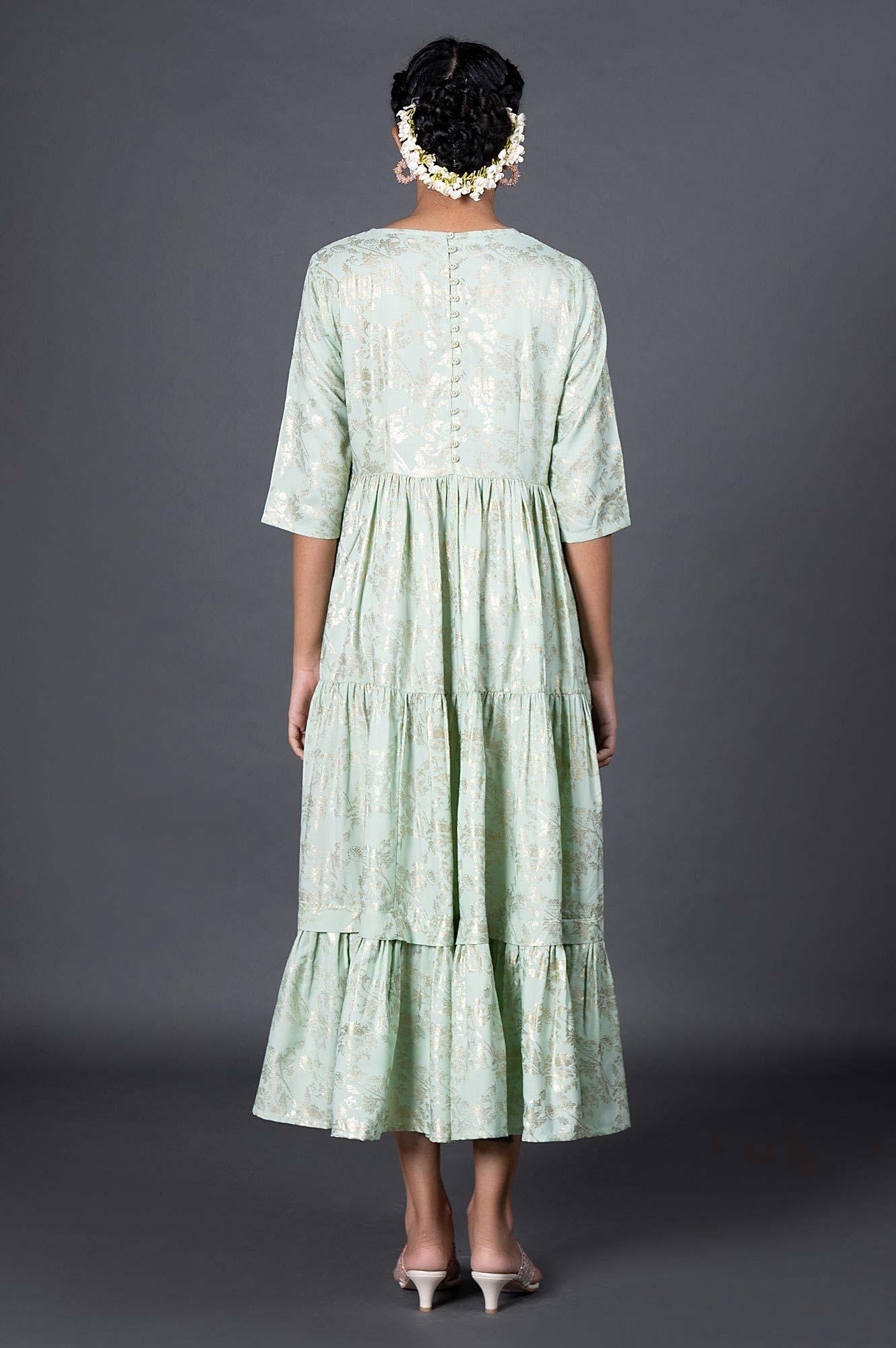 Green Gold Printed Mock Angrakha Dress - wforwoman