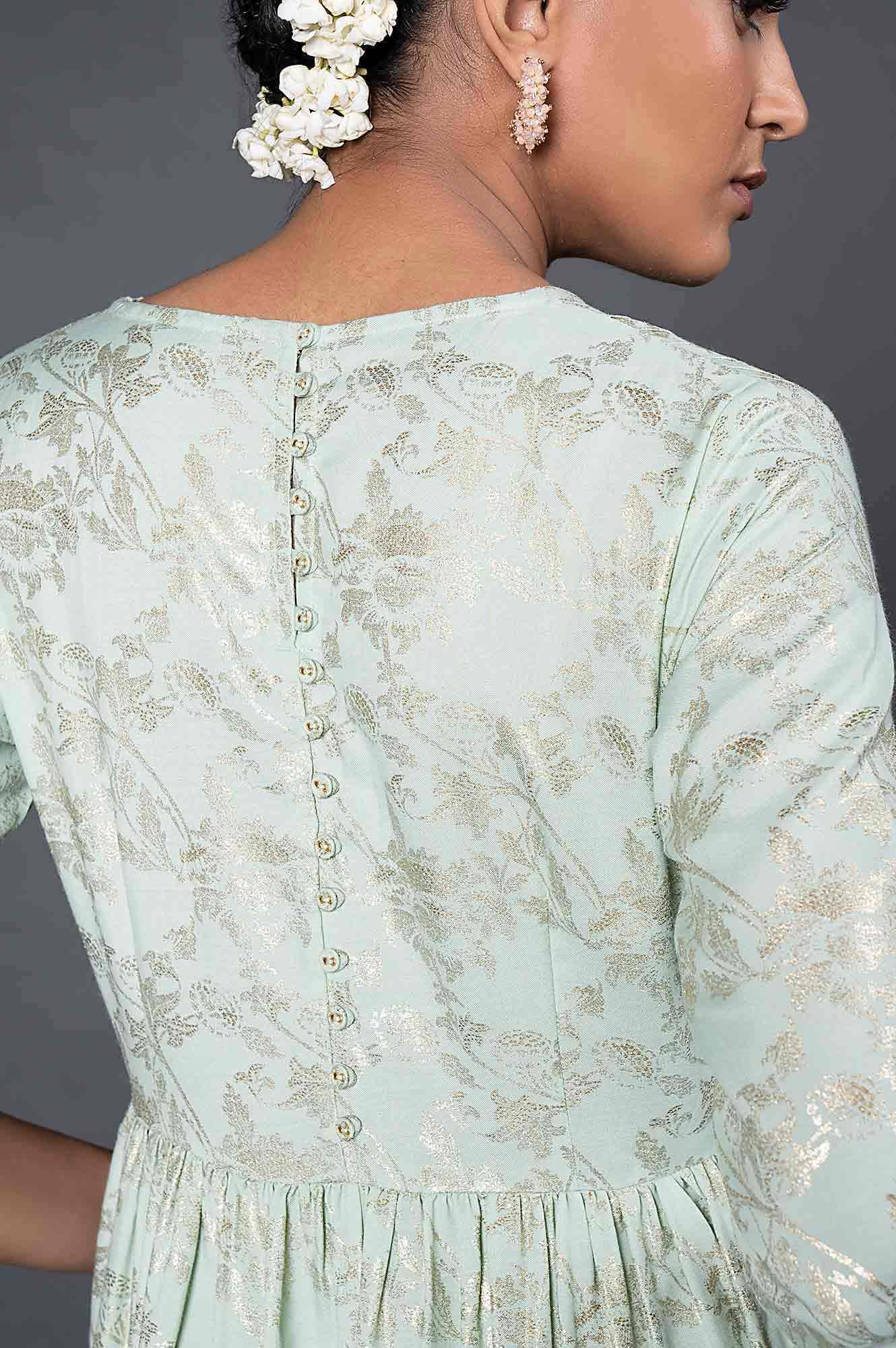 Green Gold Printed Mock Angrakha Dress - wforwoman