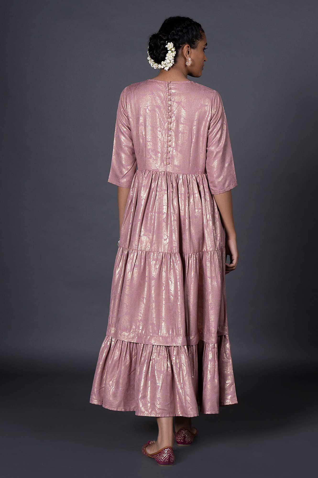 Light Purple Gold Printed Mock Angrakha Dress - wforwoman