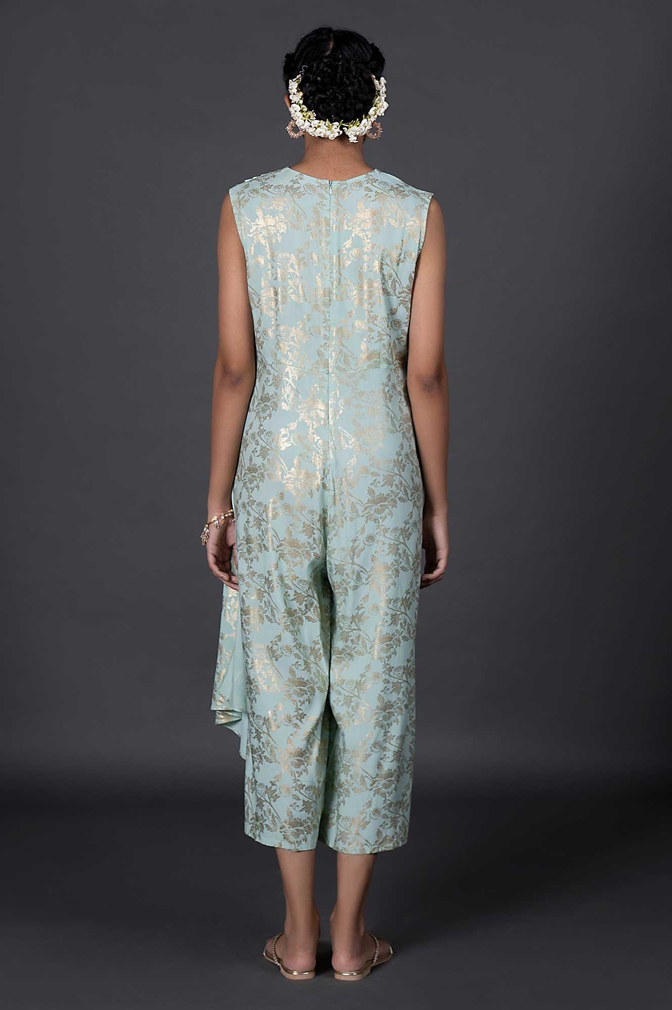 Green Draped Style Festive Printed Jumpsuit - wforwoman