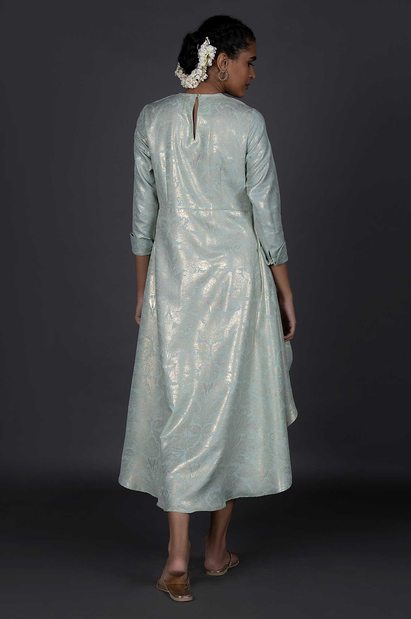 Green Mock Layered Printed Festive Cowl Dress - wforwoman