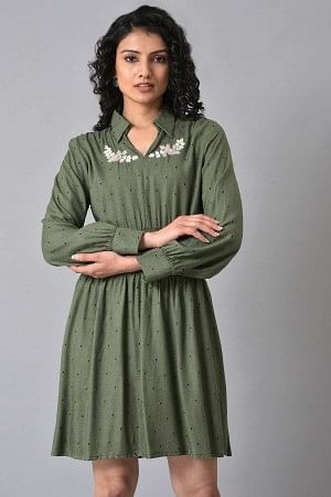 Buy Olive Green Hand Embroidered Short Dress Online for Woman