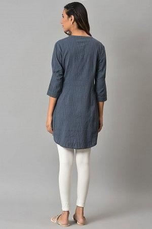 Blue Yarn Dyed Embroidered Tunic In Mandarin Collar - wforwoman