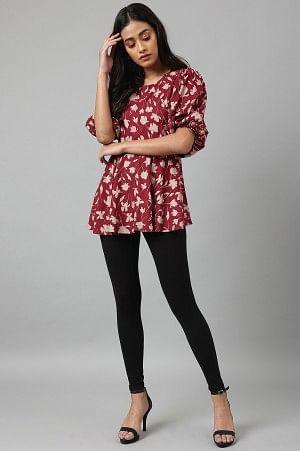 Deep Red Floral Printed Peplum Top - wforwoman