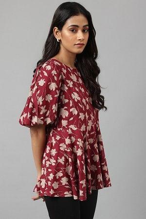 Deep Red Floral Printed Peplum Top - wforwoman