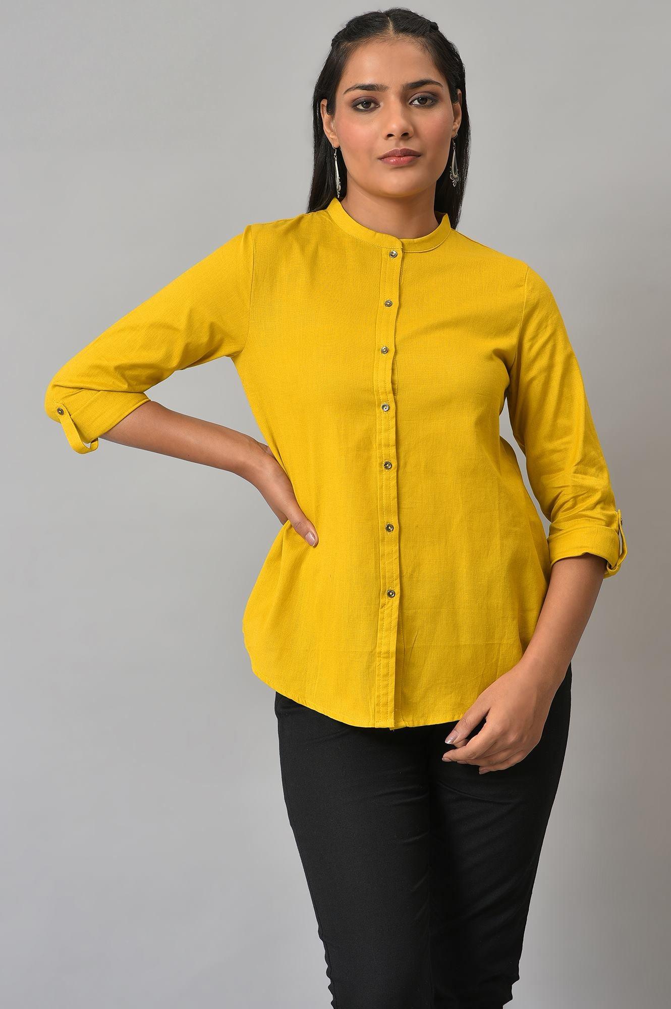 Yellow Cotton Flax Button Down Western Top - wforwoman