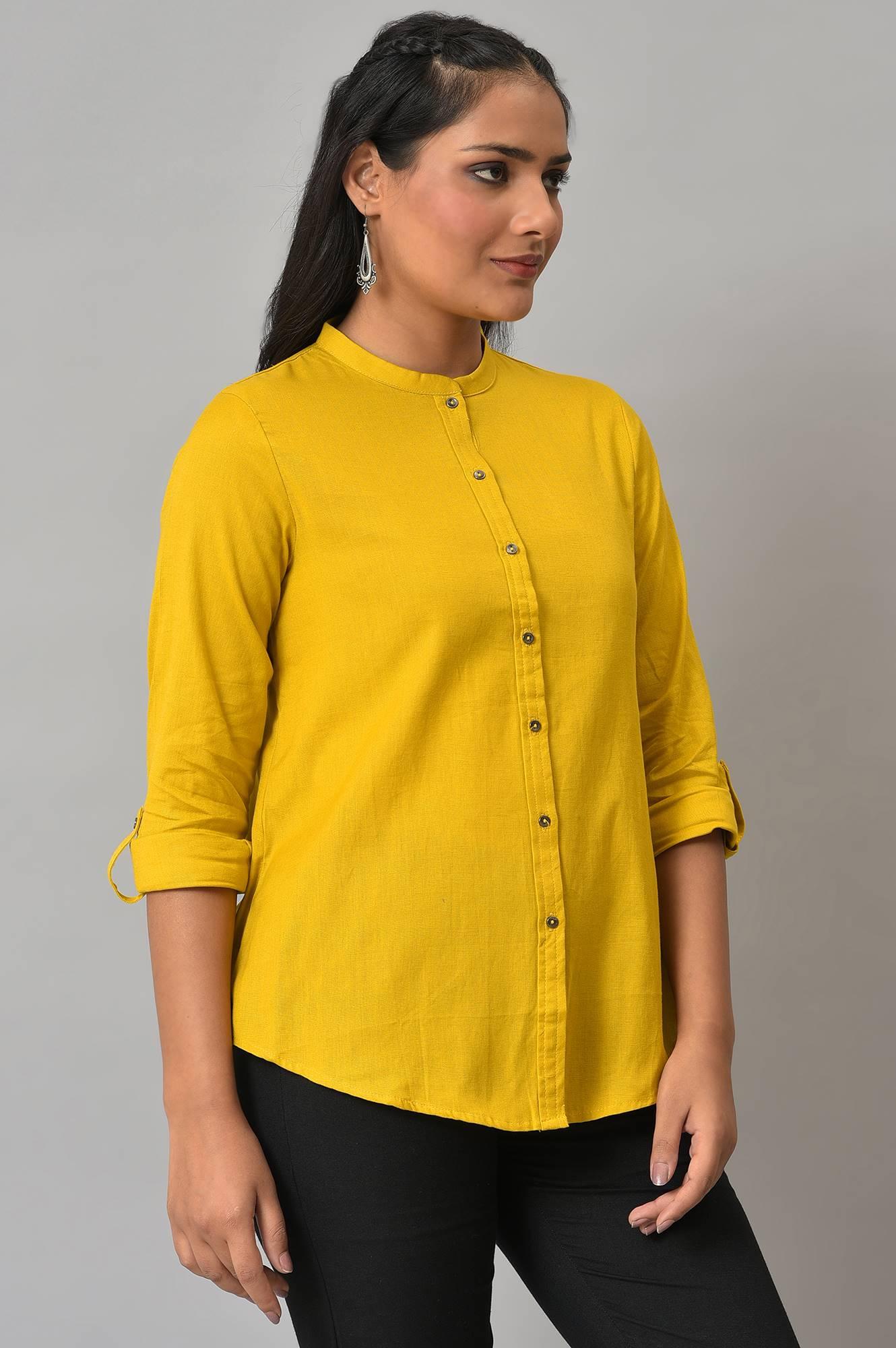 Yellow Cotton Flax Button Down Western Top - wforwoman