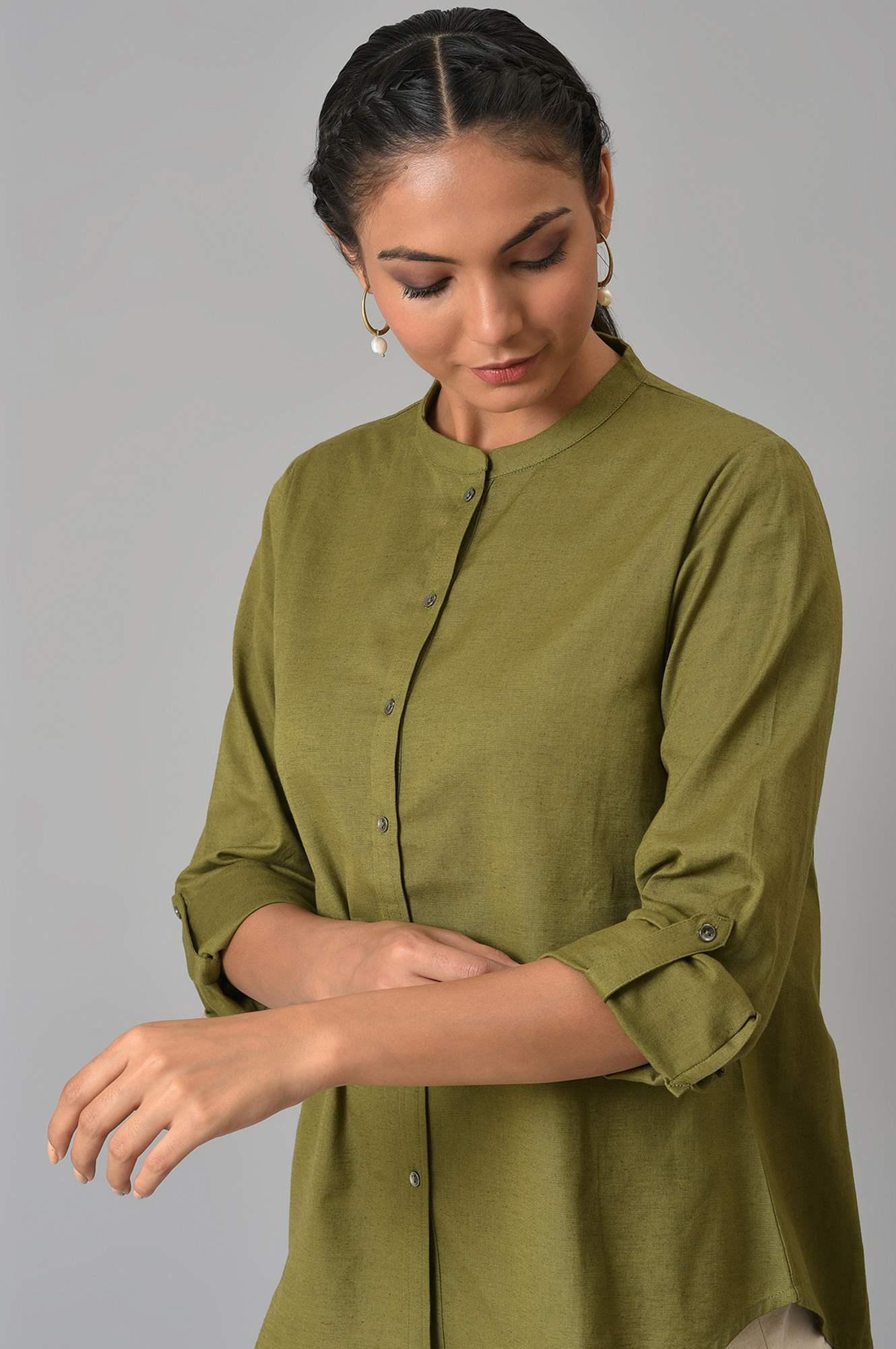 Olive Green Cotton Flax Button Down Top - wforwoman