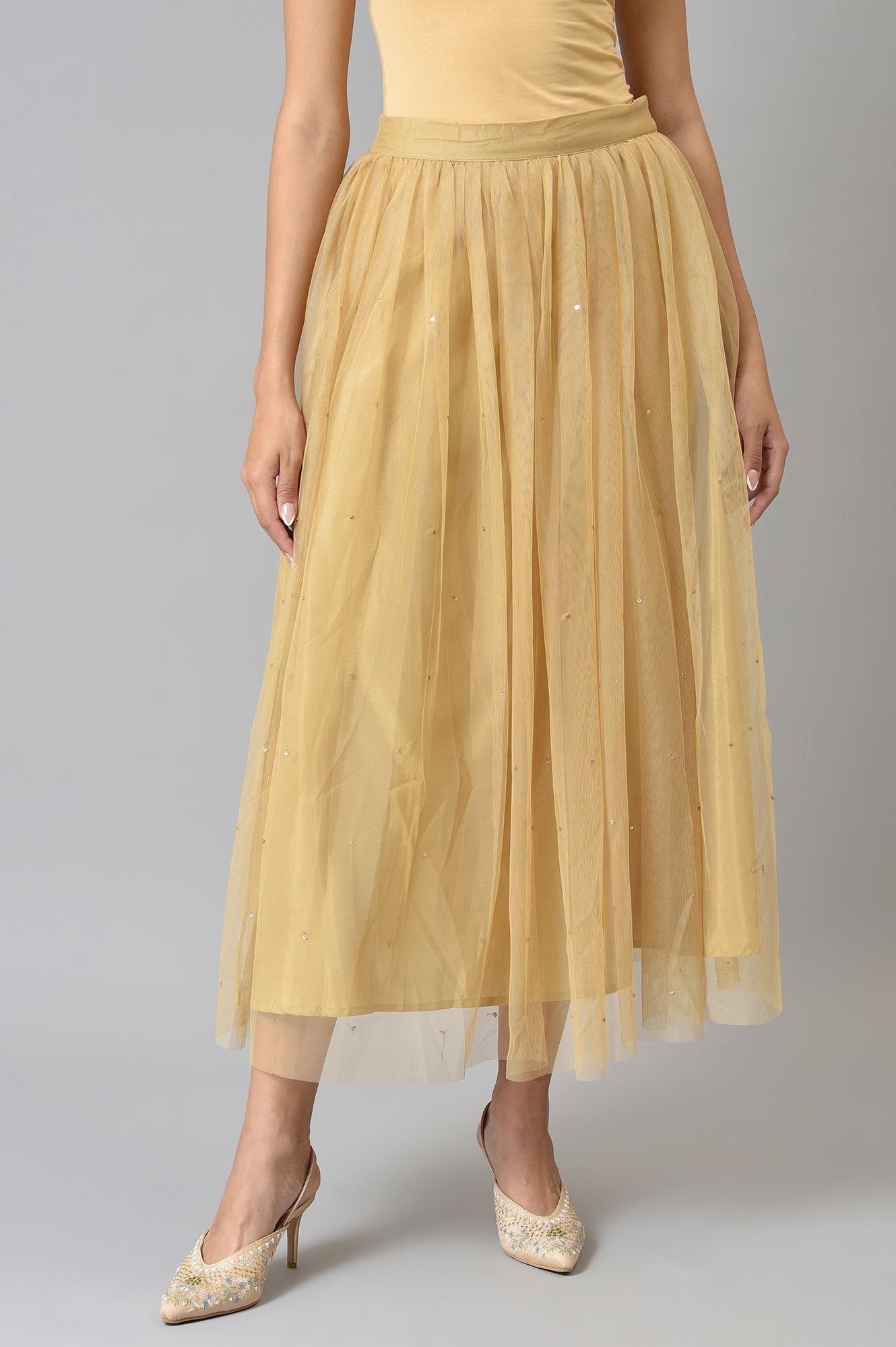 Gold Solid Sequined Flared Mesh Skirt