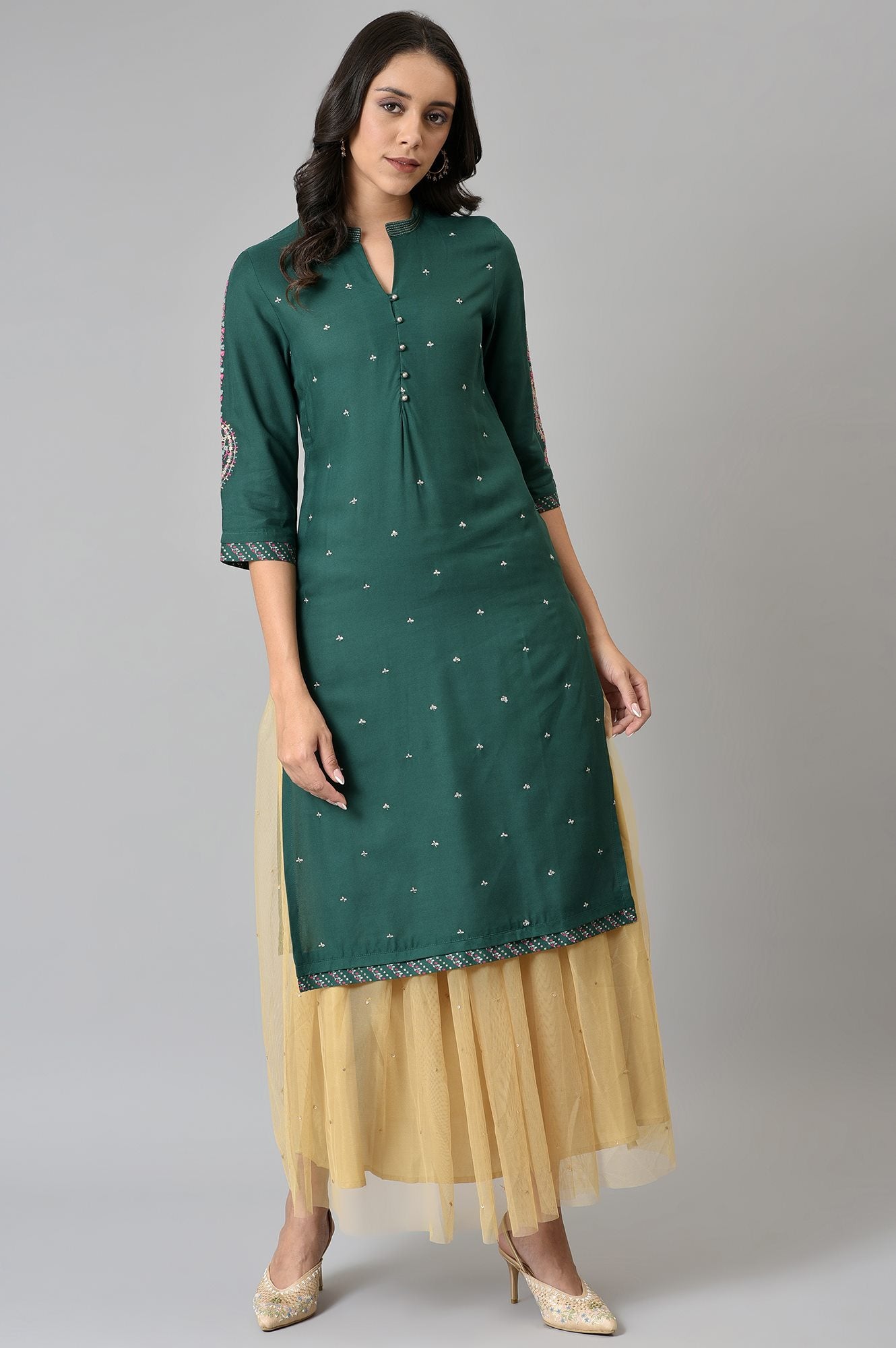 Gold Solid Sequined Flared Mesh Skirt