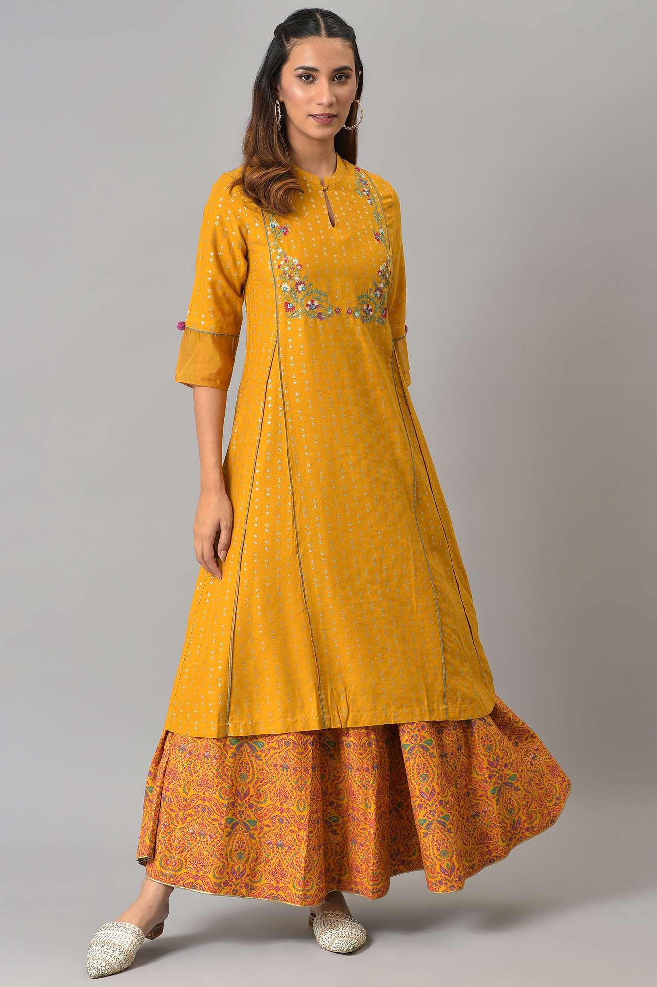 Mustard Flared Skirt With Multicoloured Floral Print