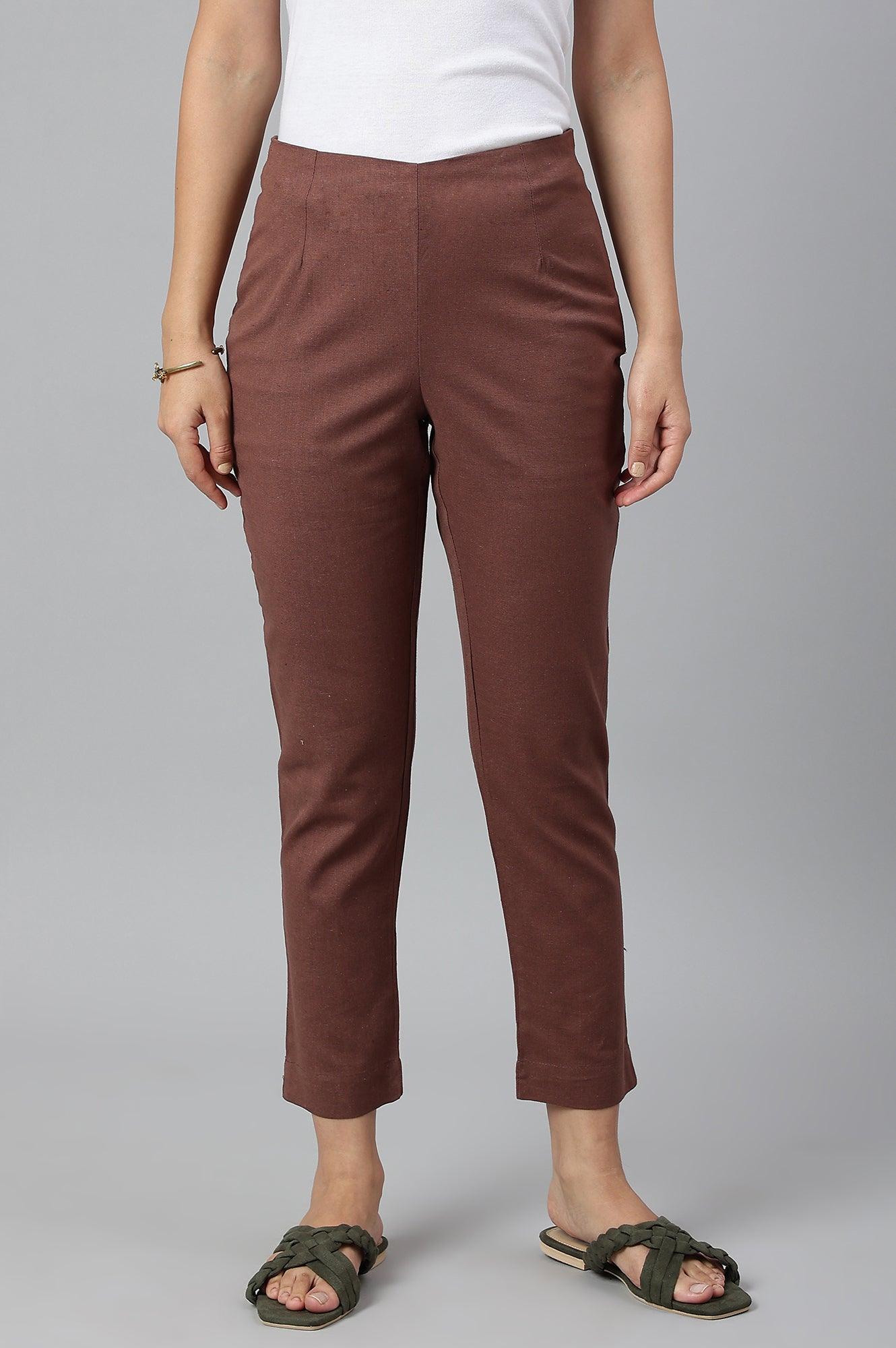 Deep Brown Solid Women Slim Pants - wforwoman
