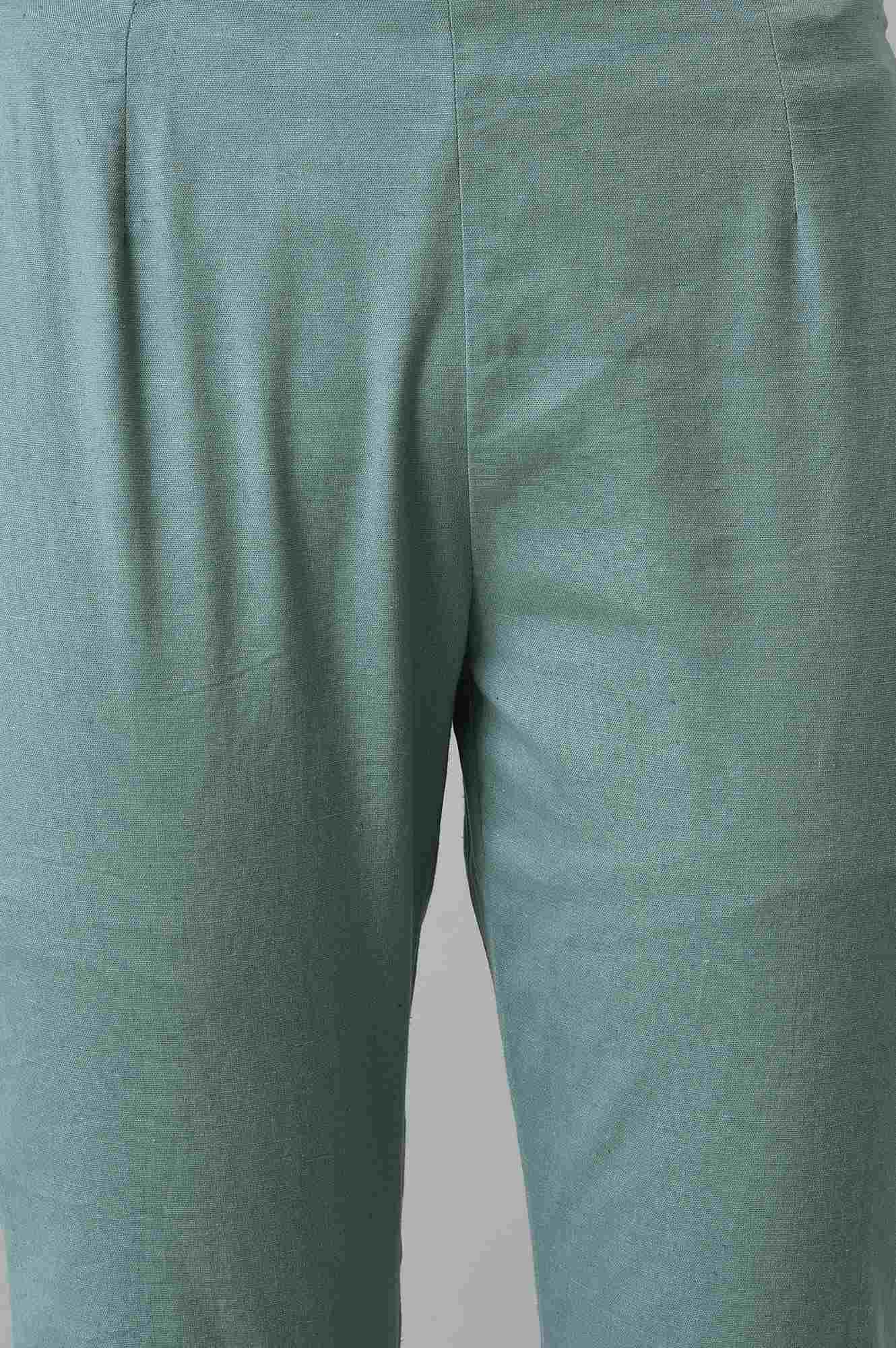 Aqua Blue Cotton Blend Slim Pants - wforwoman