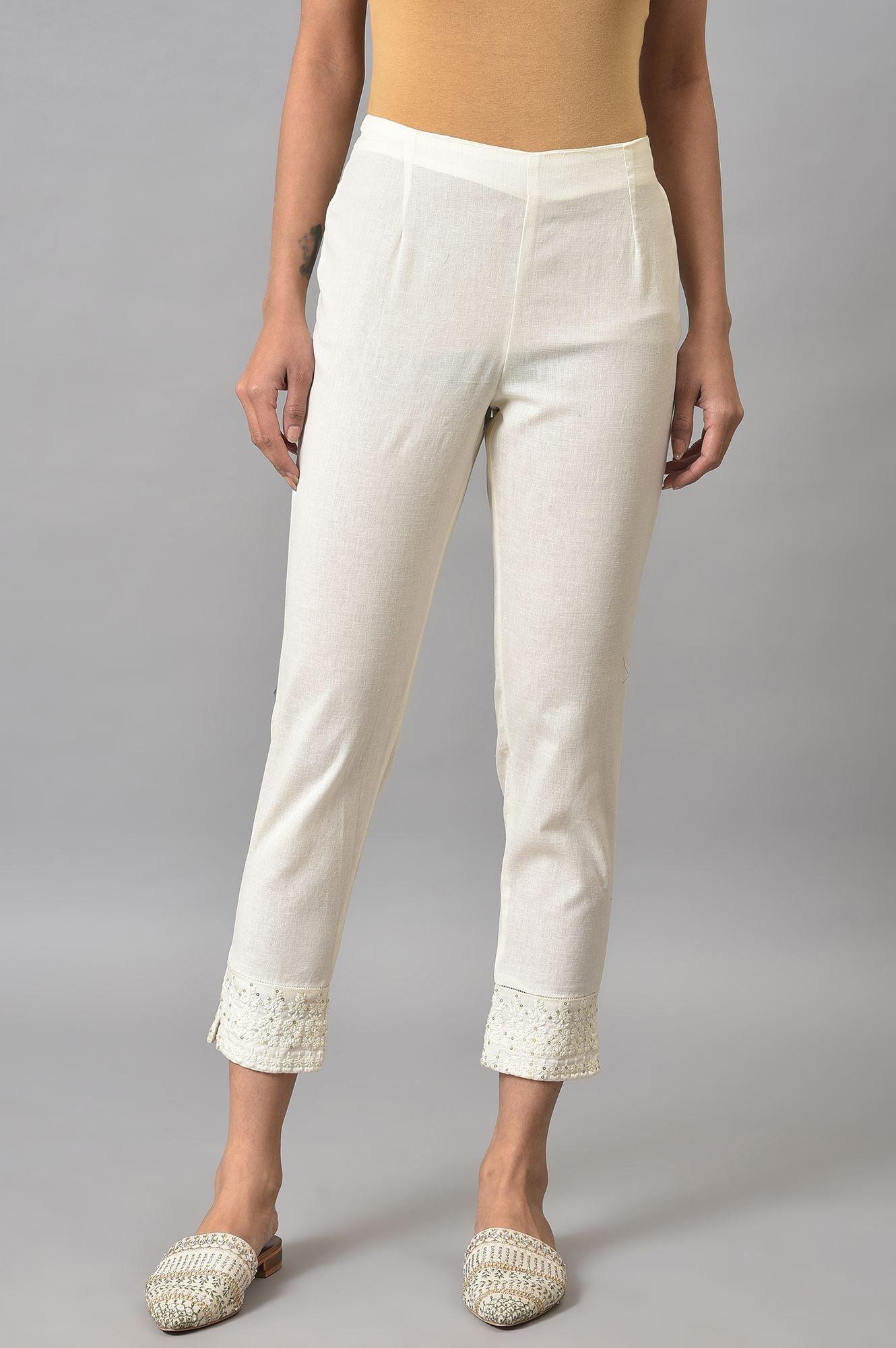 Ecru Slim Pants With Embroidered Hem - wforwoman