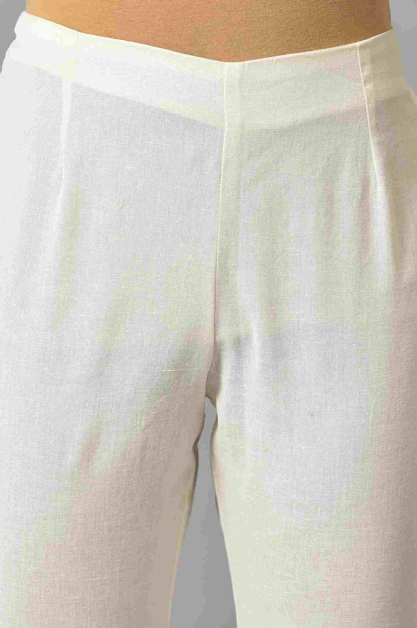 White Embroidered Cotton Flax Slim Pants