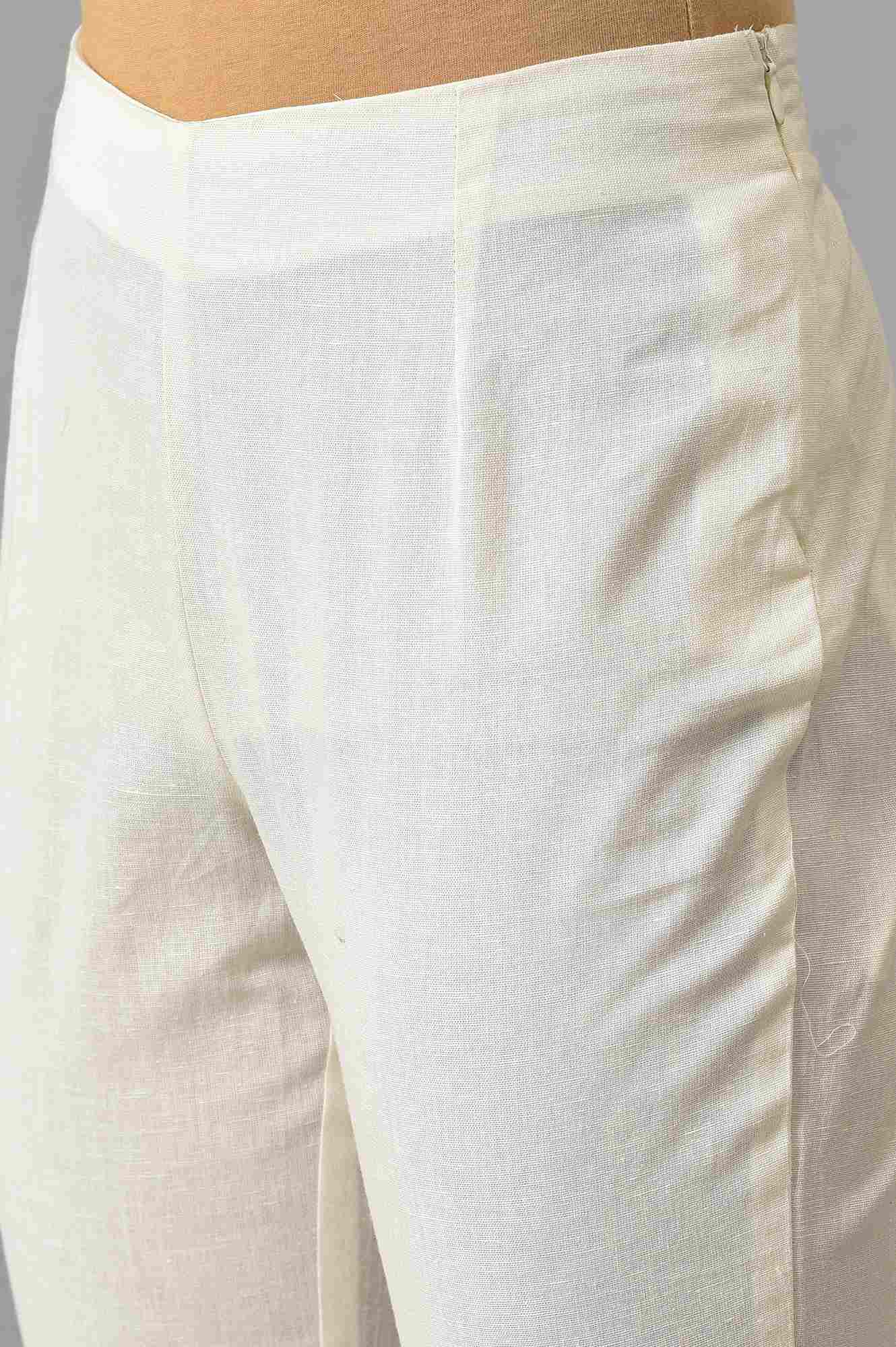 White Embroidered Cotton Flax Slim Pants