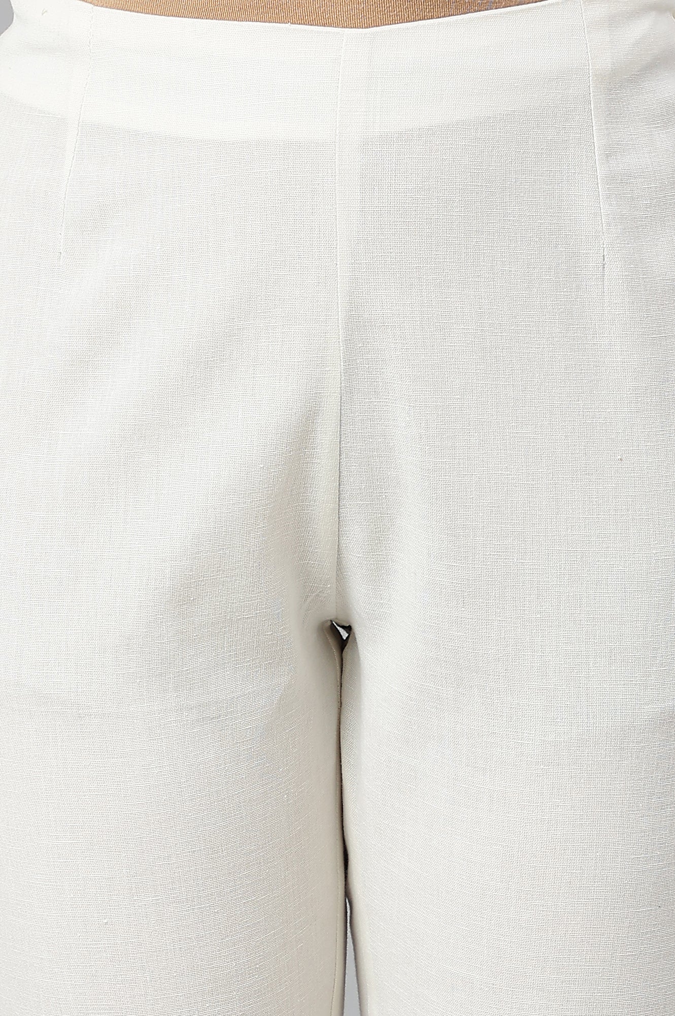 Ecru Slim Pants With Embroidered Hem