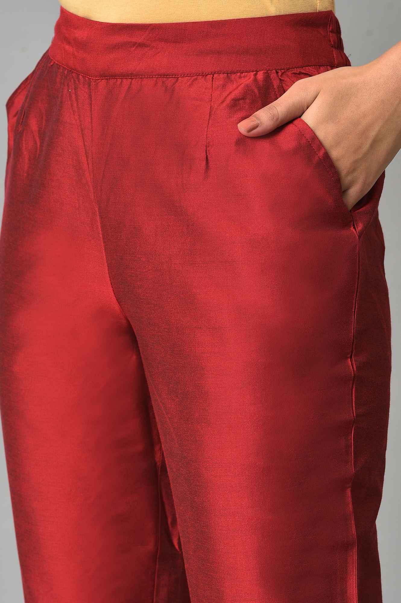 Red Solid Straight Women Pants - wforwoman