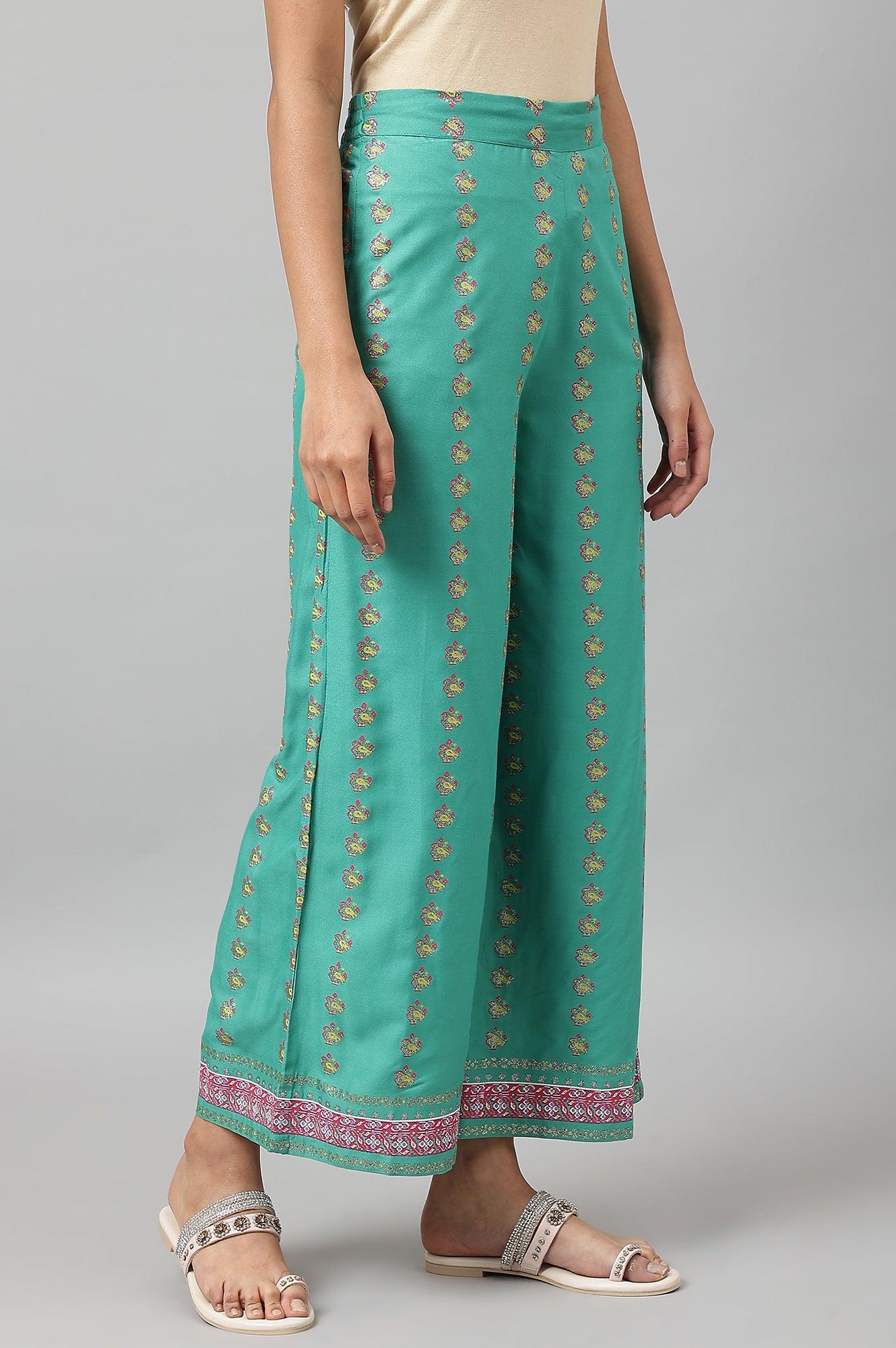 Green Rayon Printed Parallel Pants - wforwoman