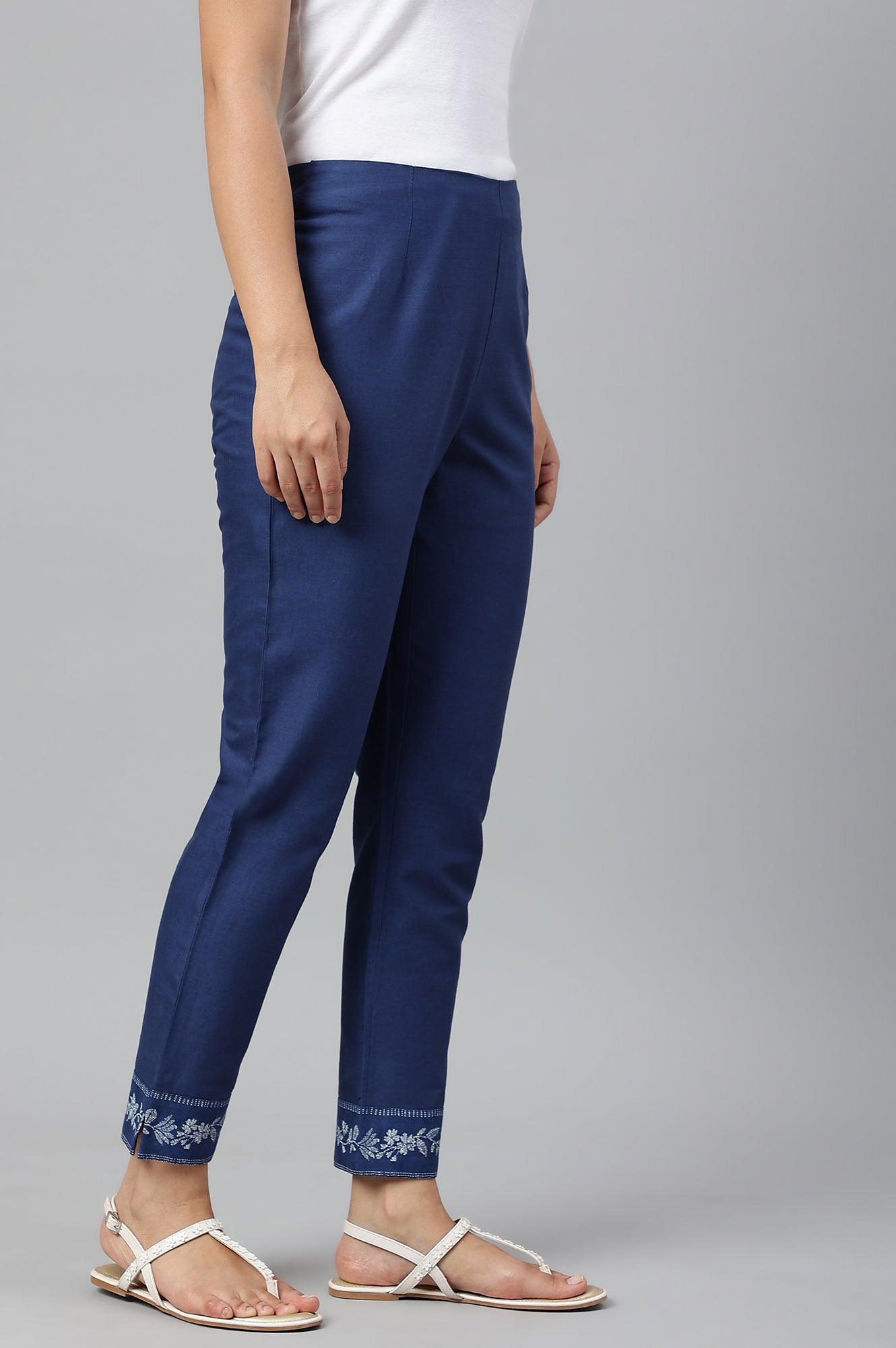Indigo Blue Cotton Blend Slim Pants - wforwoman