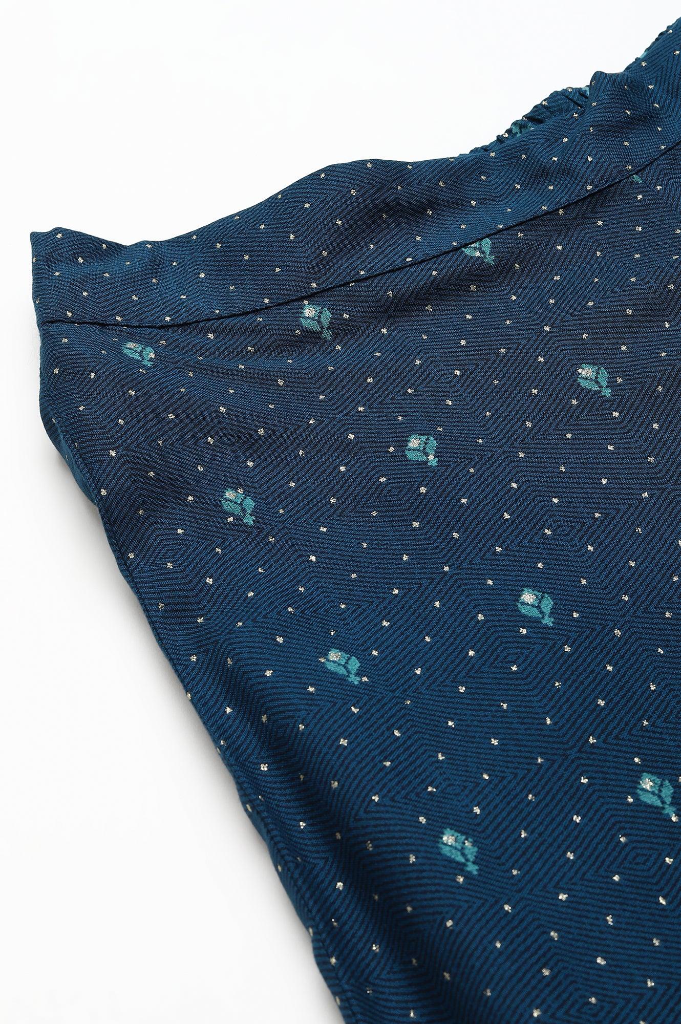 Dark Blue Rayon Printed Parallel Pants - wforwoman