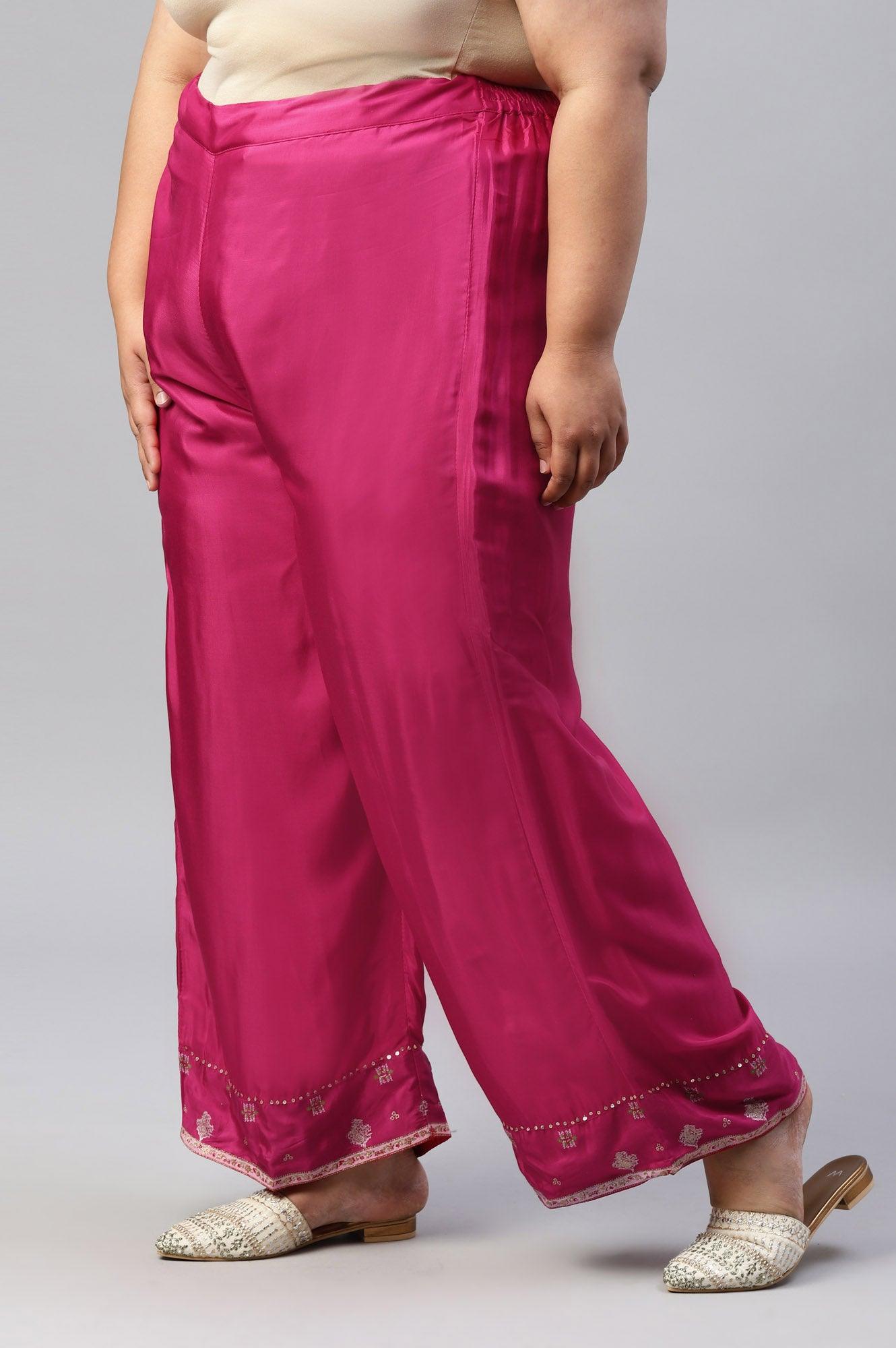 Plus Size Dark Pink Shantung Straight Parallel Pants - wforwoman