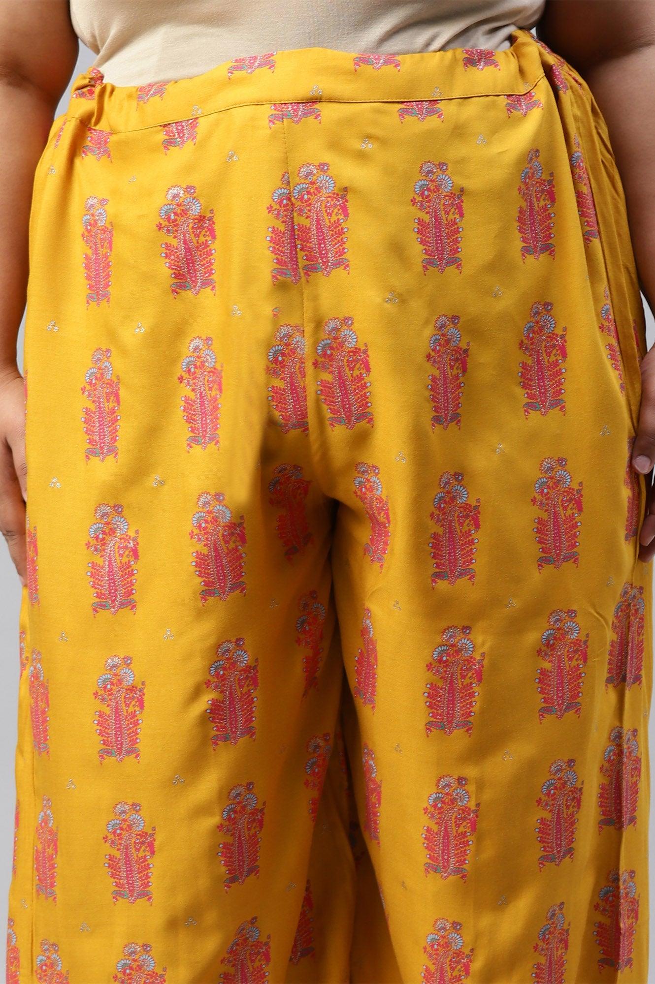 Plus Size Mustard Rayon Printed Parallel Pants - wforwoman