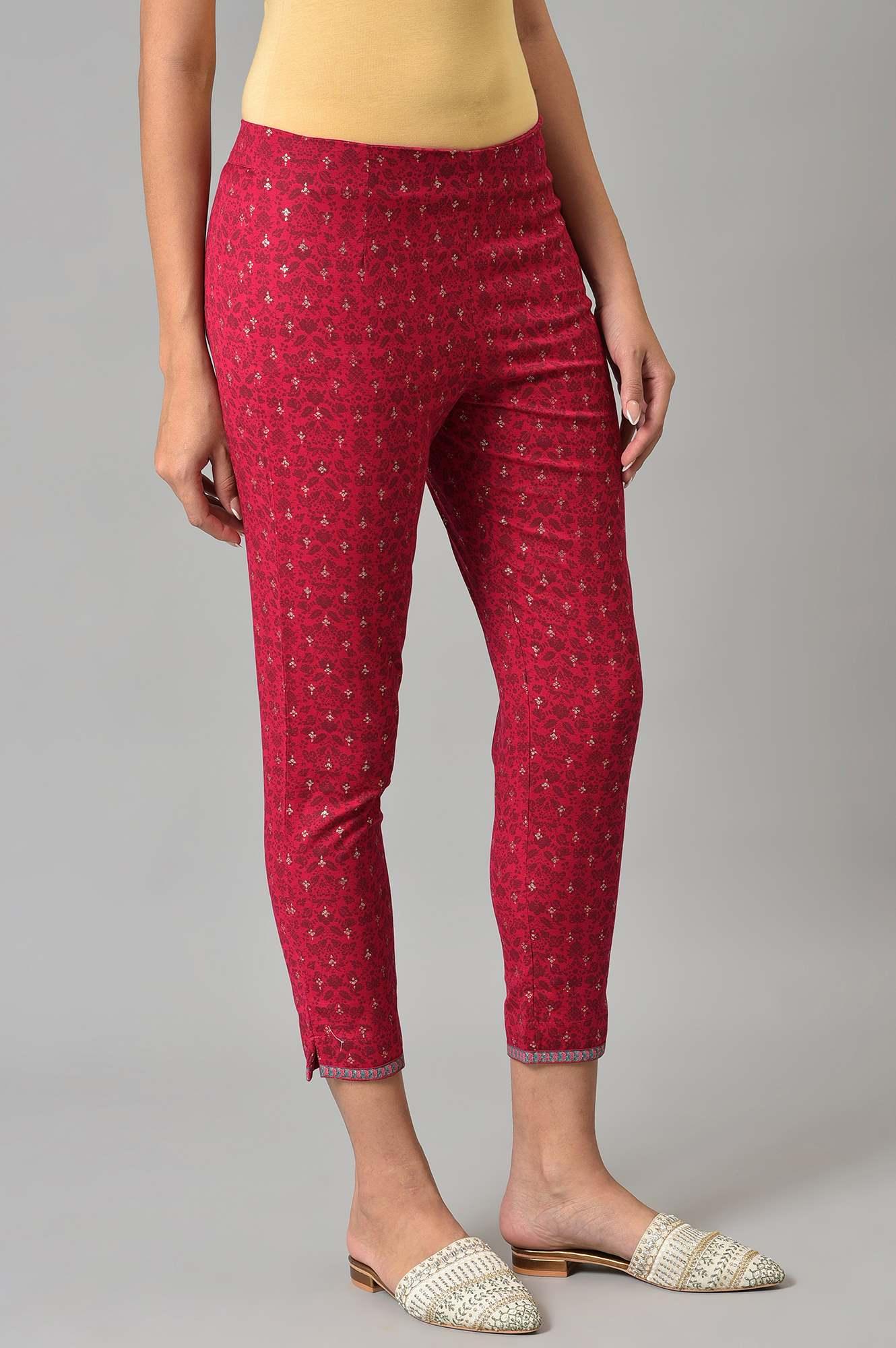 Fuchsia Pink Floral Printed Slim Pants - wforwoman
