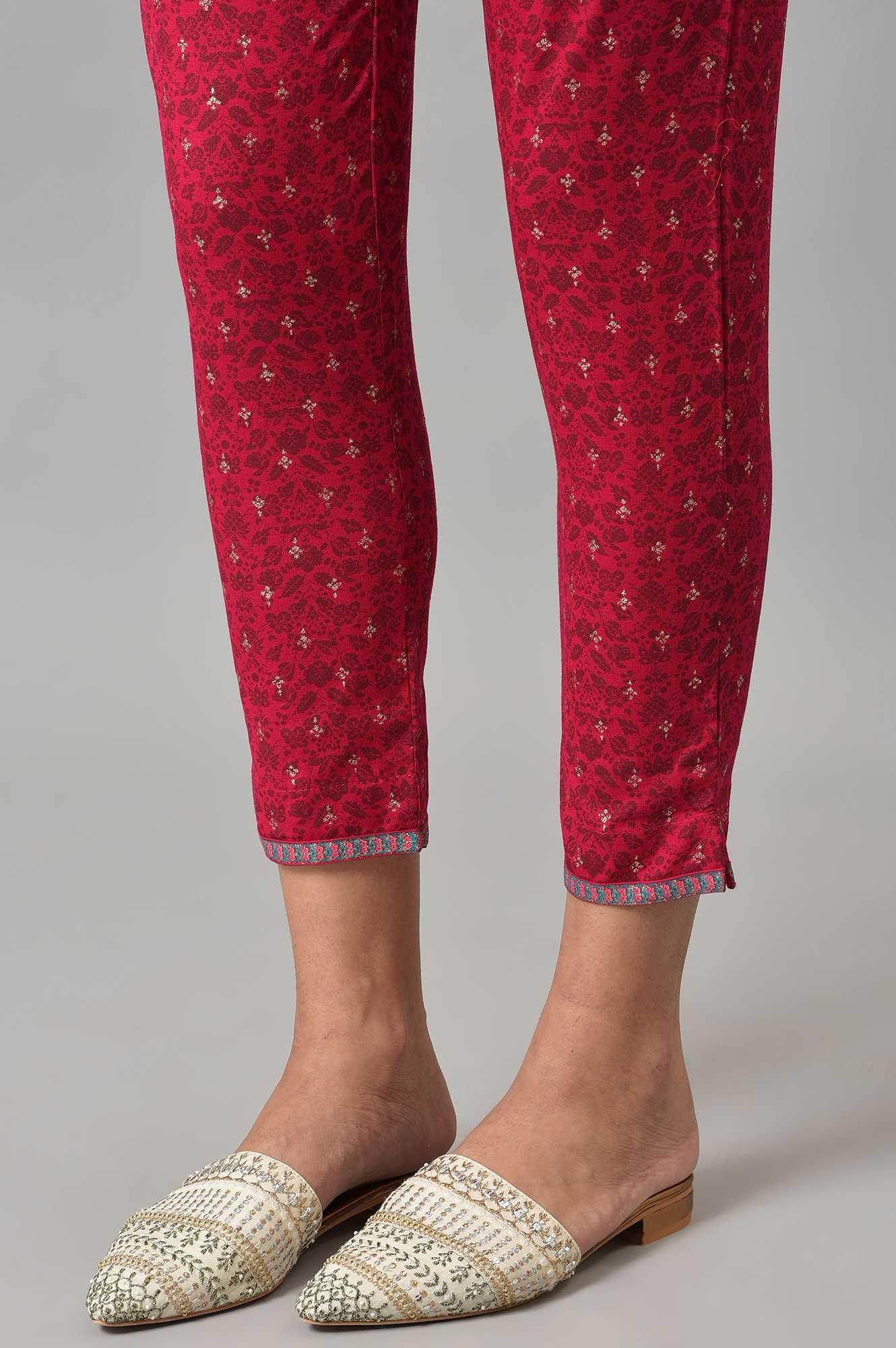 Fuchsia Pink Floral Printed Slim Pants - wforwoman