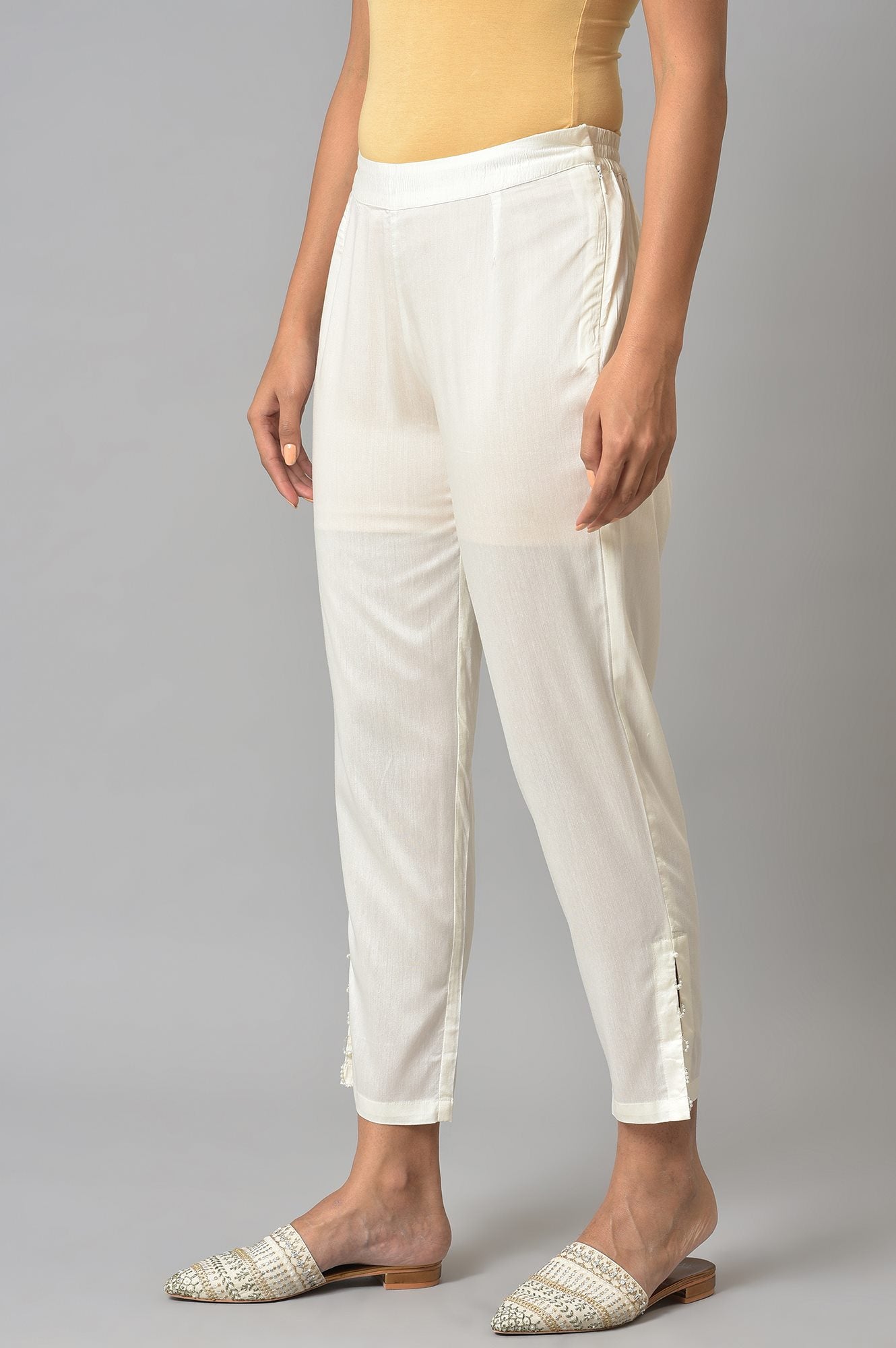 White Solid Light Festive Straight Slim Pants