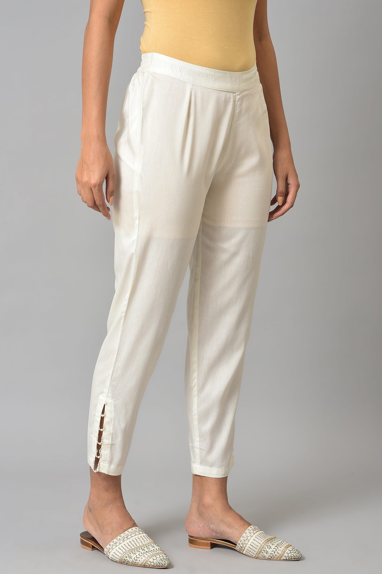 White Solid Light Festive Straight Slim Pants