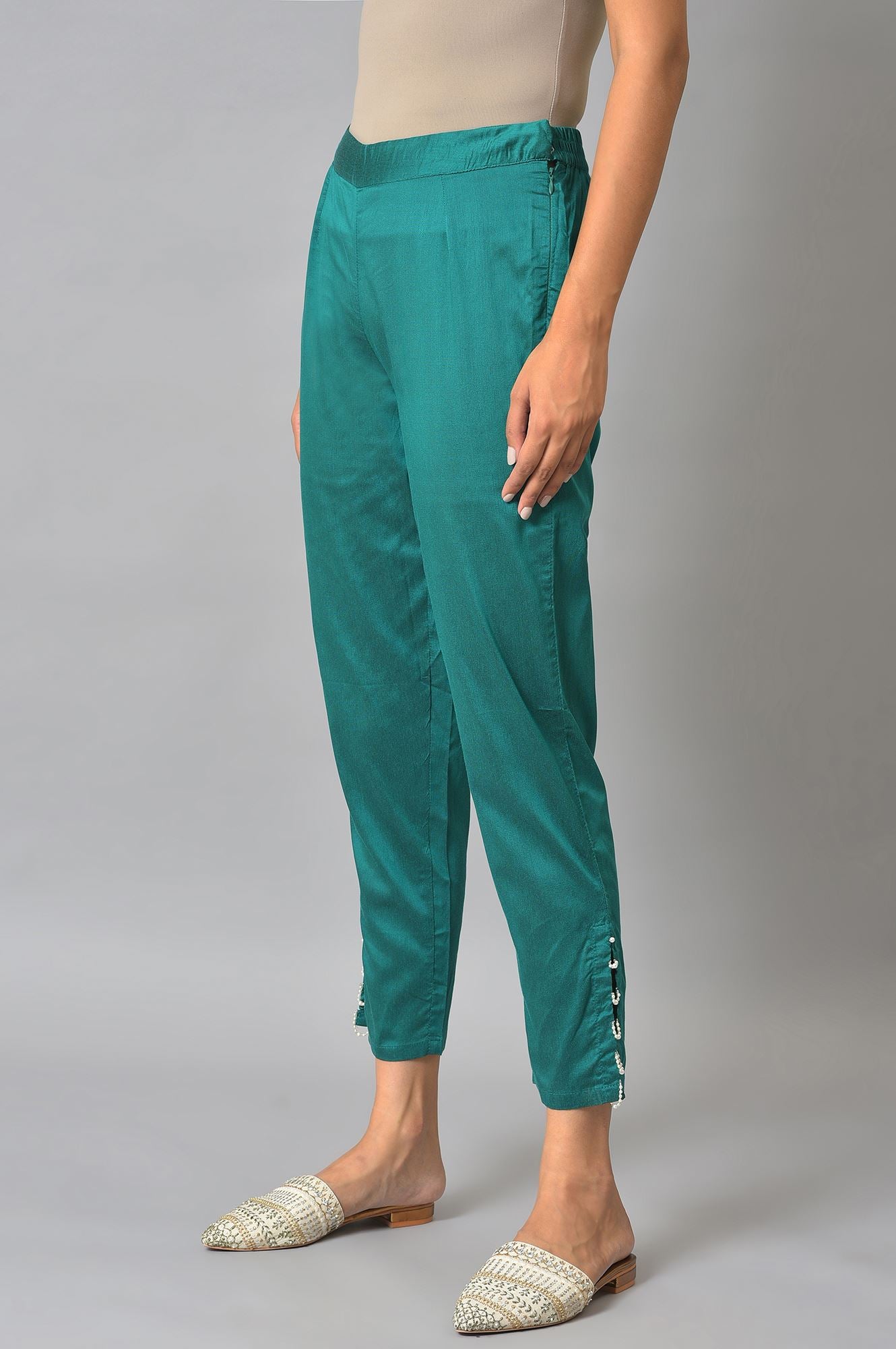 Green Thread Embroidery A-line Kurta and Slim Pant Set