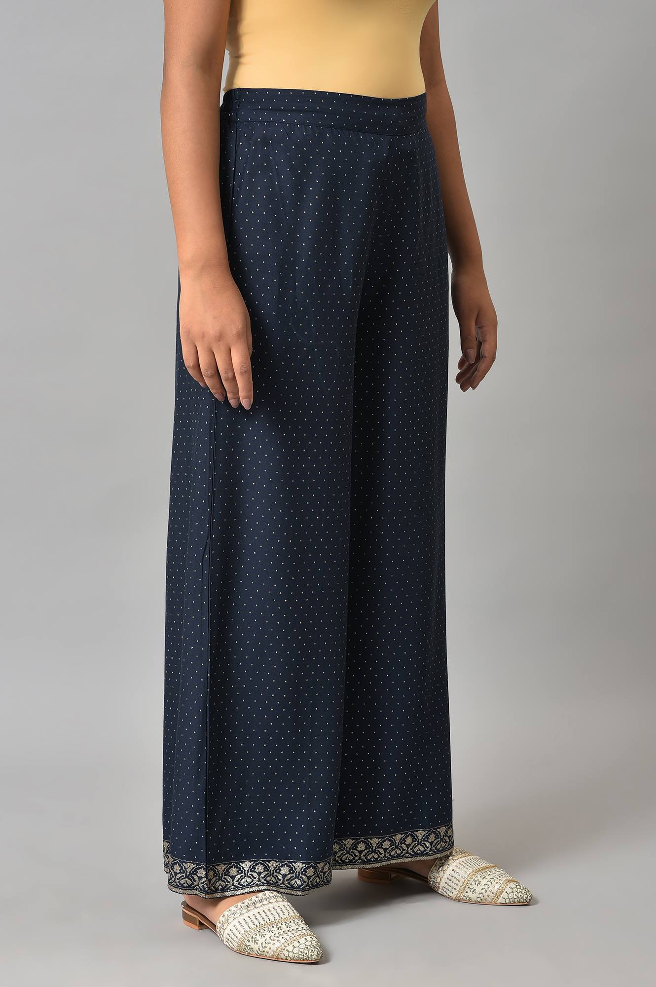Dark Blue Polka Dots Printed Shantung A-Line Kurta with Parallel Pant Set