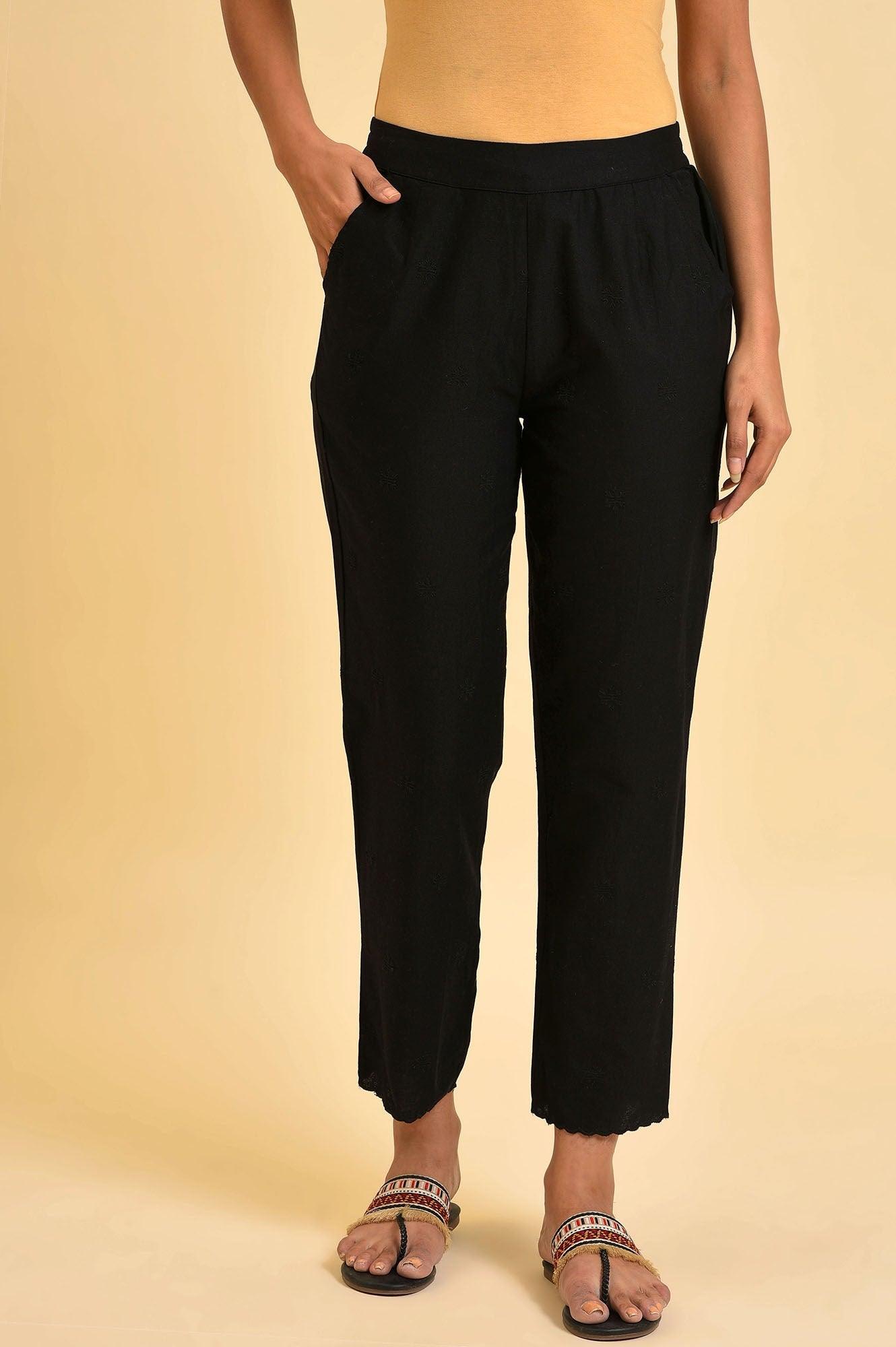 Black Straight Pants With Scalloped Hemline - wforwoman
