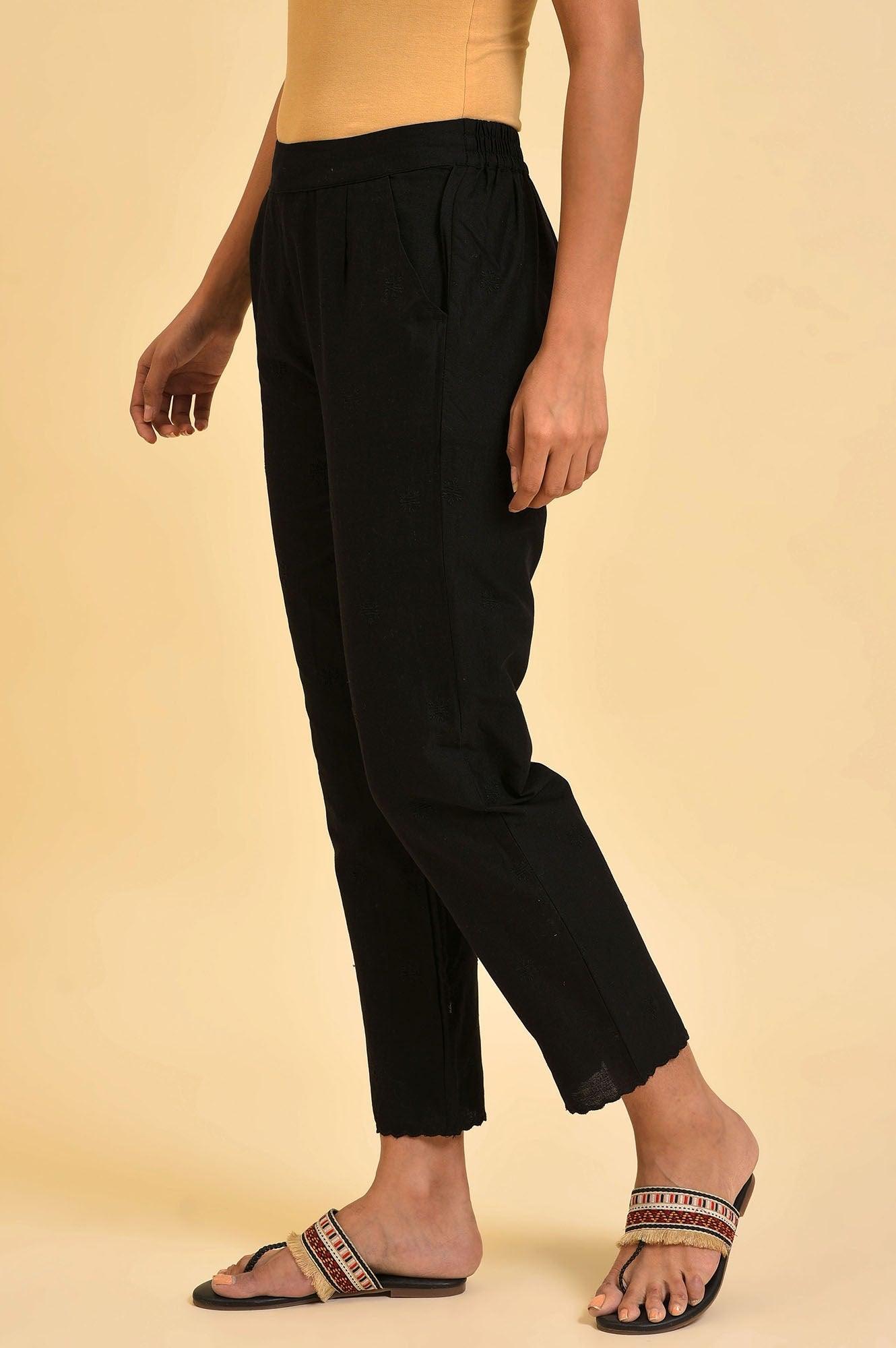 Black Straight Pants With Scalloped Hemline - wforwoman