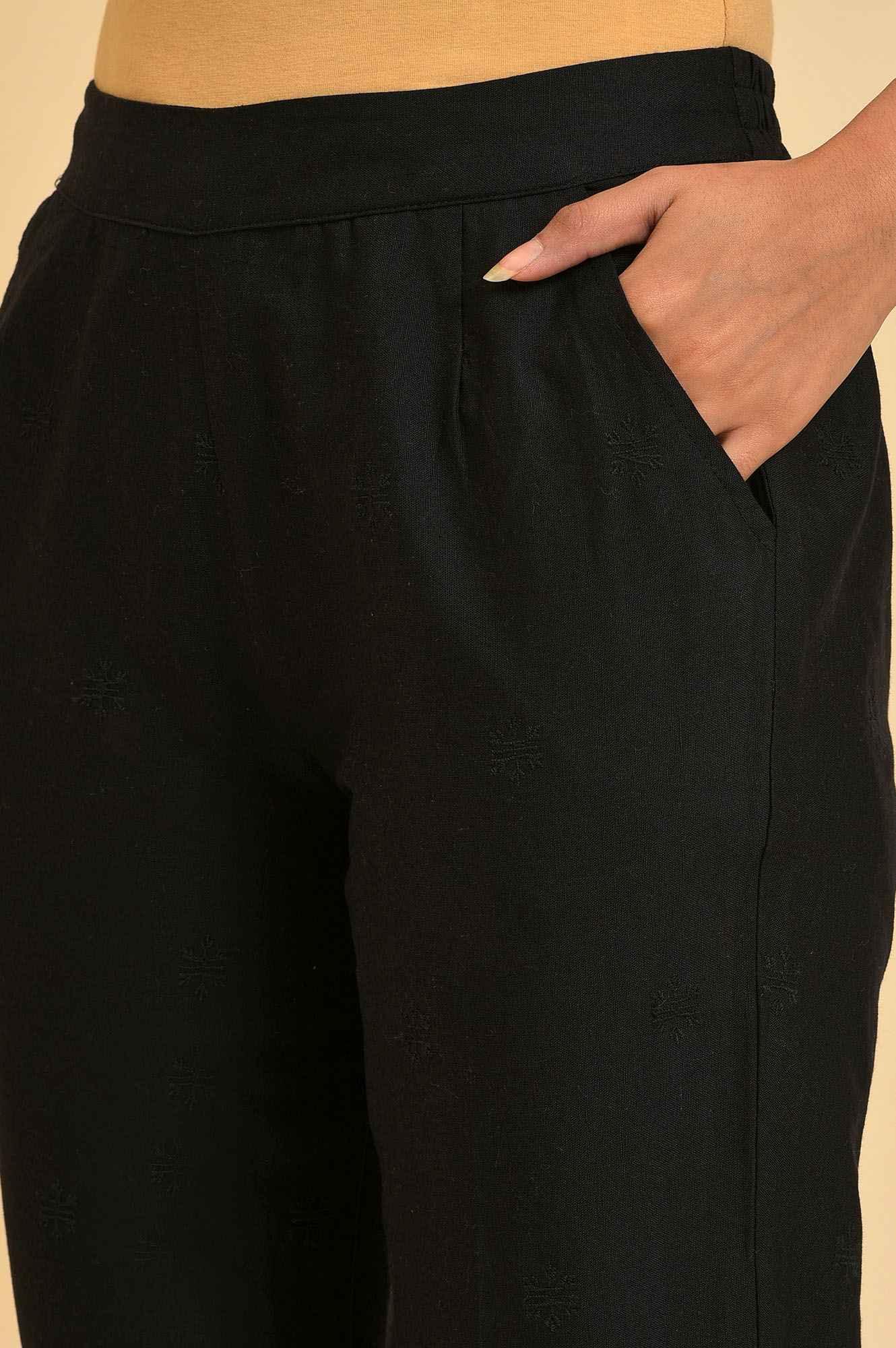 Black Straight Pants With Scalloped Hemline - wforwoman