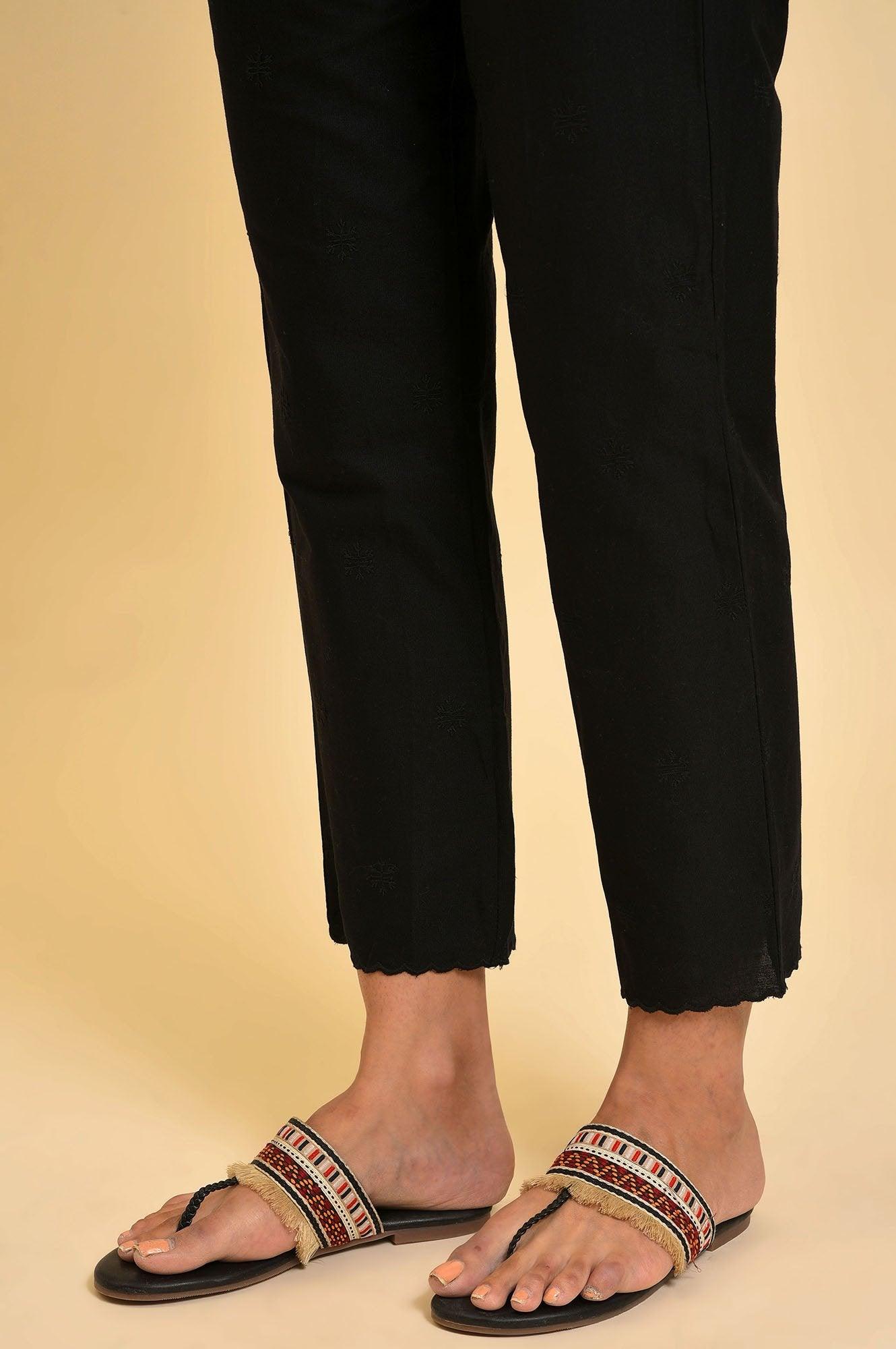 Black Straight Pants With Scalloped Hemline - wforwoman