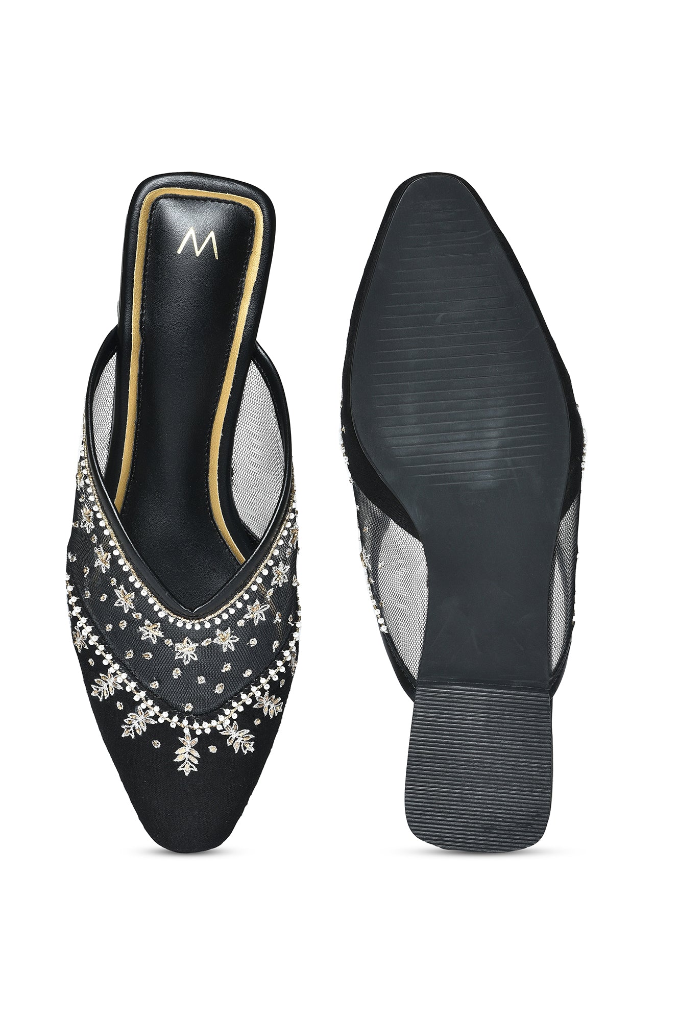 W Embroidered Black Square Toe Flat