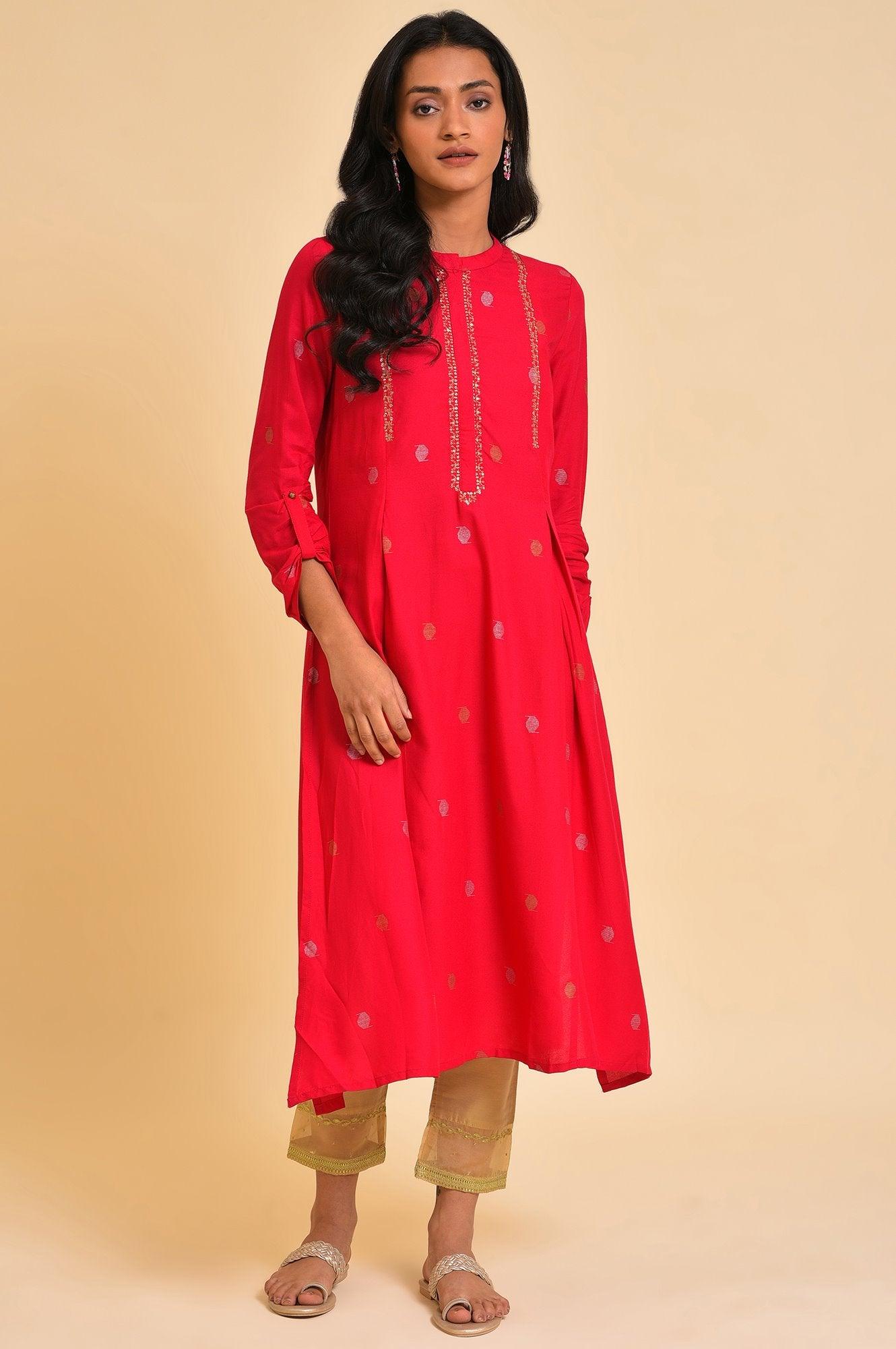 Red Embroidered Festive Kurta And Pants Set - wforwoman