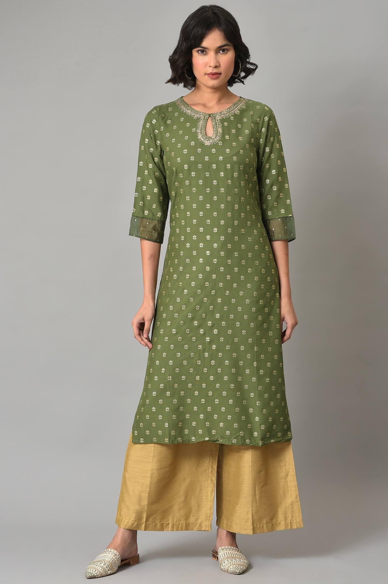 Olive Green Embroidered kurta With Gold Parallel Pants - wforwoman