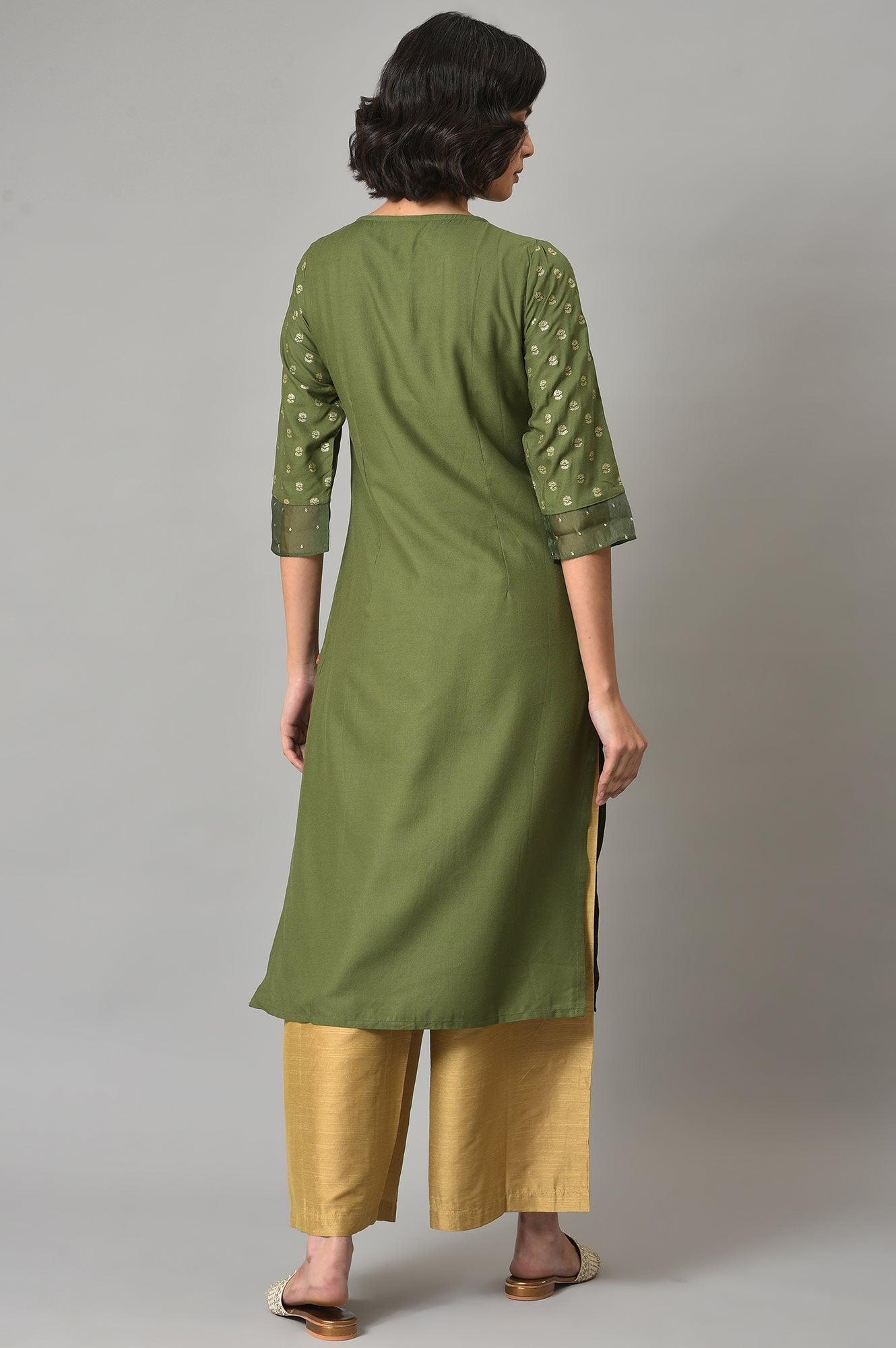 Olive Green Embroidered kurta With Gold Parallel Pants - wforwoman