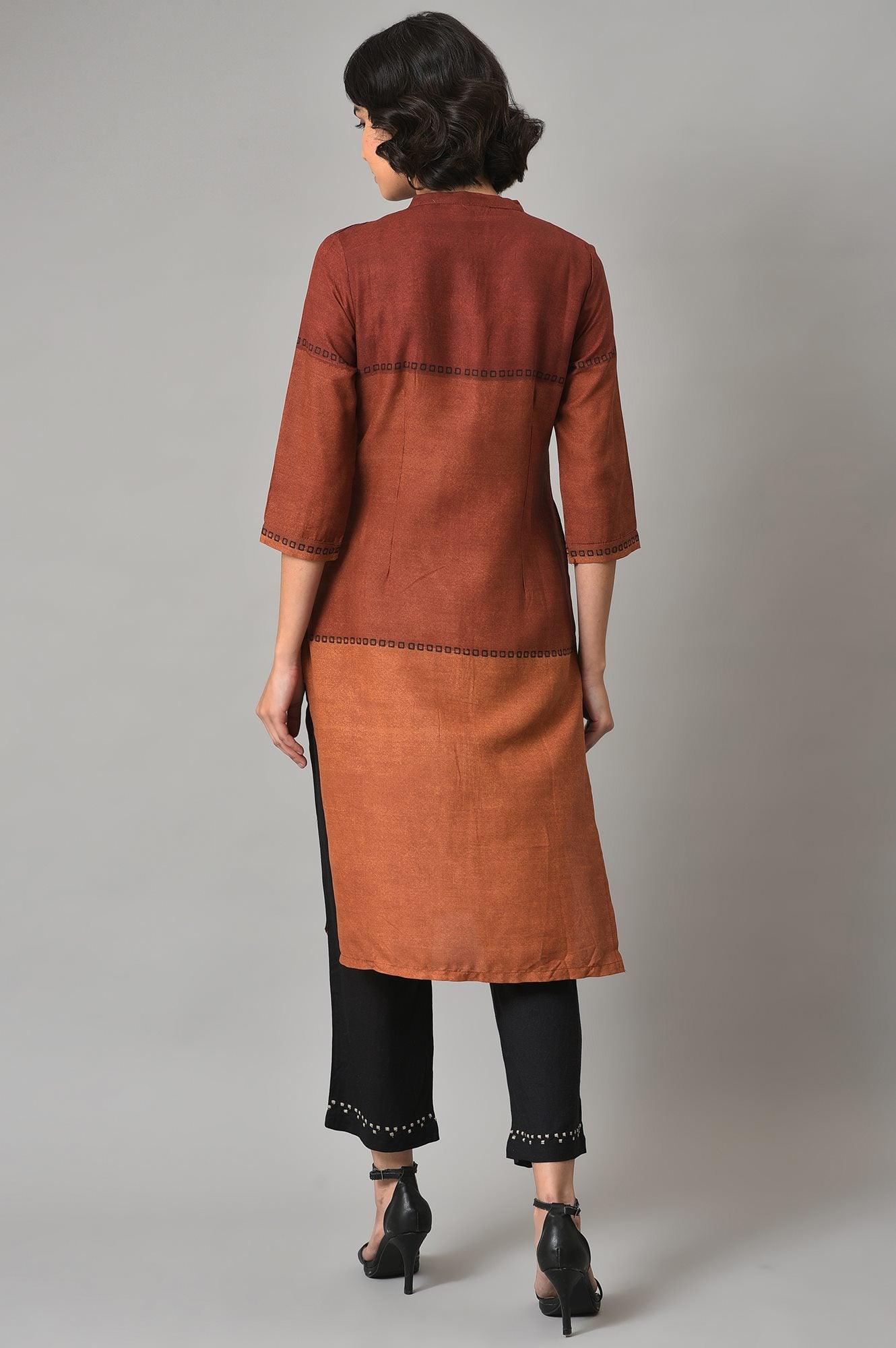 Red Printed Mandarin Collar kurta With Black Straight Pants - wforwoman