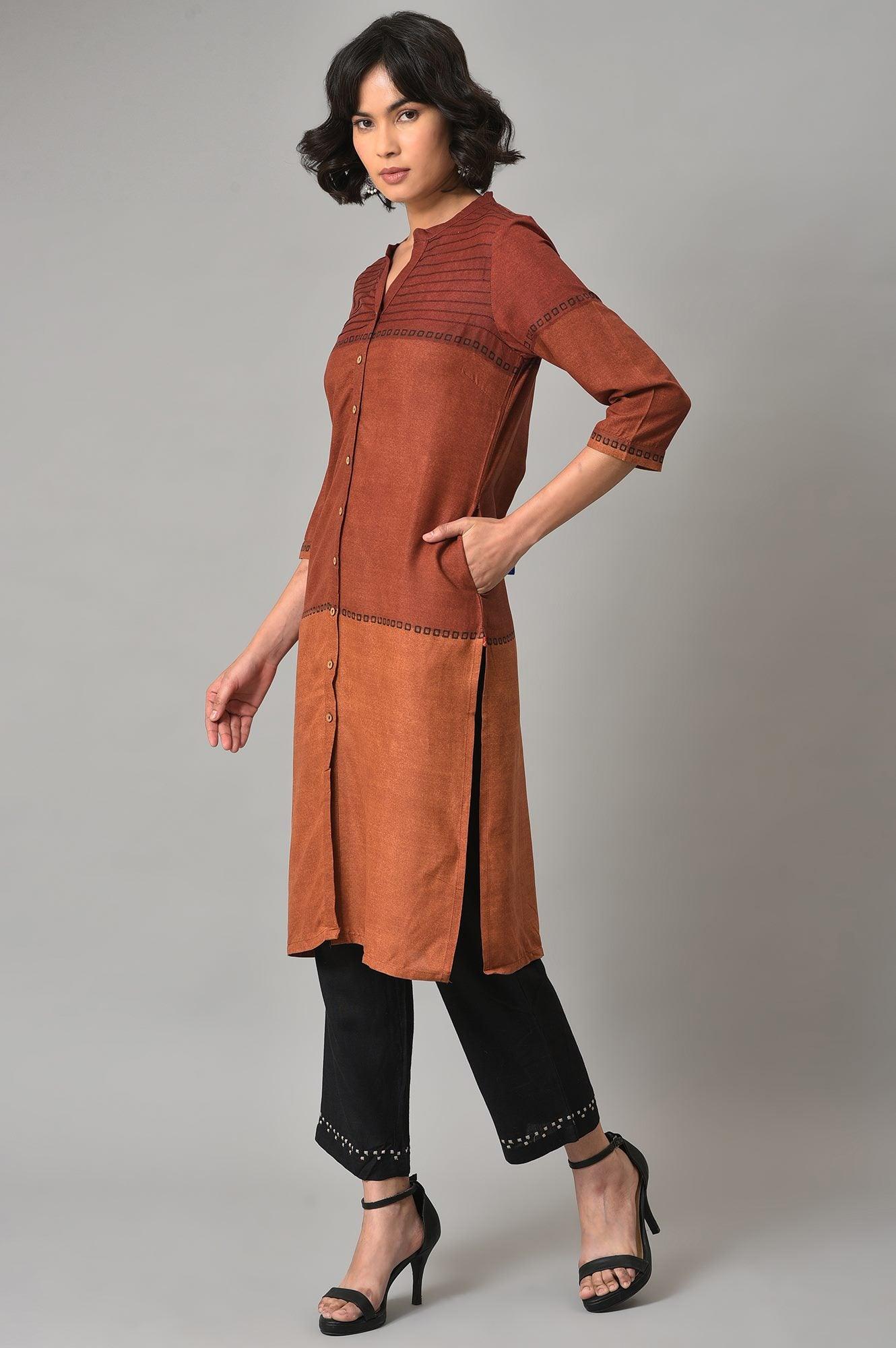 Red Printed Mandarin Collar kurta With Black Straight Pants - wforwoman