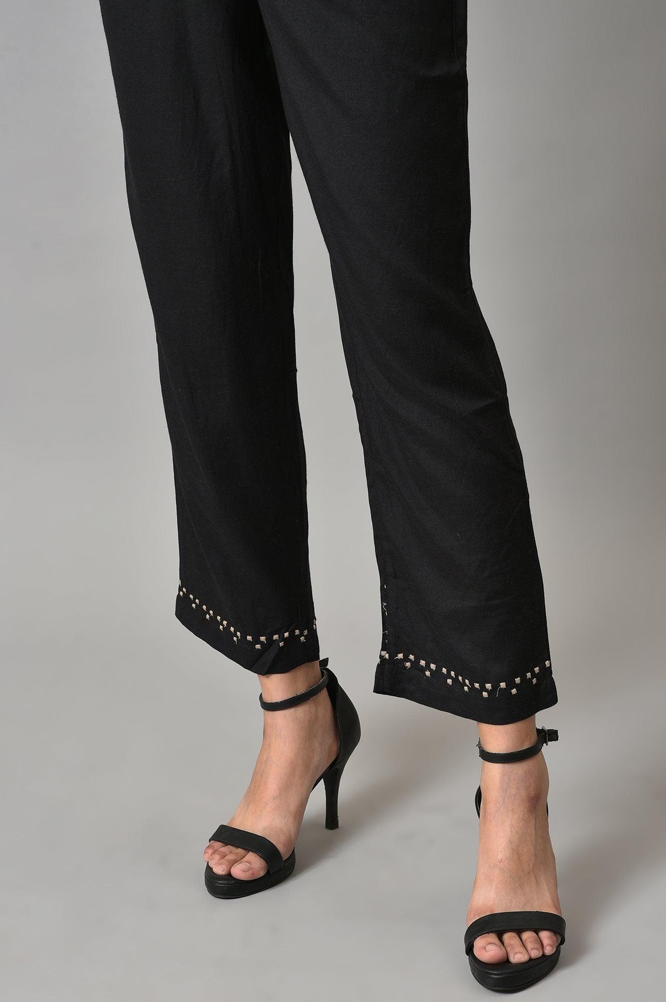 Black A-Line Box Pleated kurta With Straight Pants - wforwoman